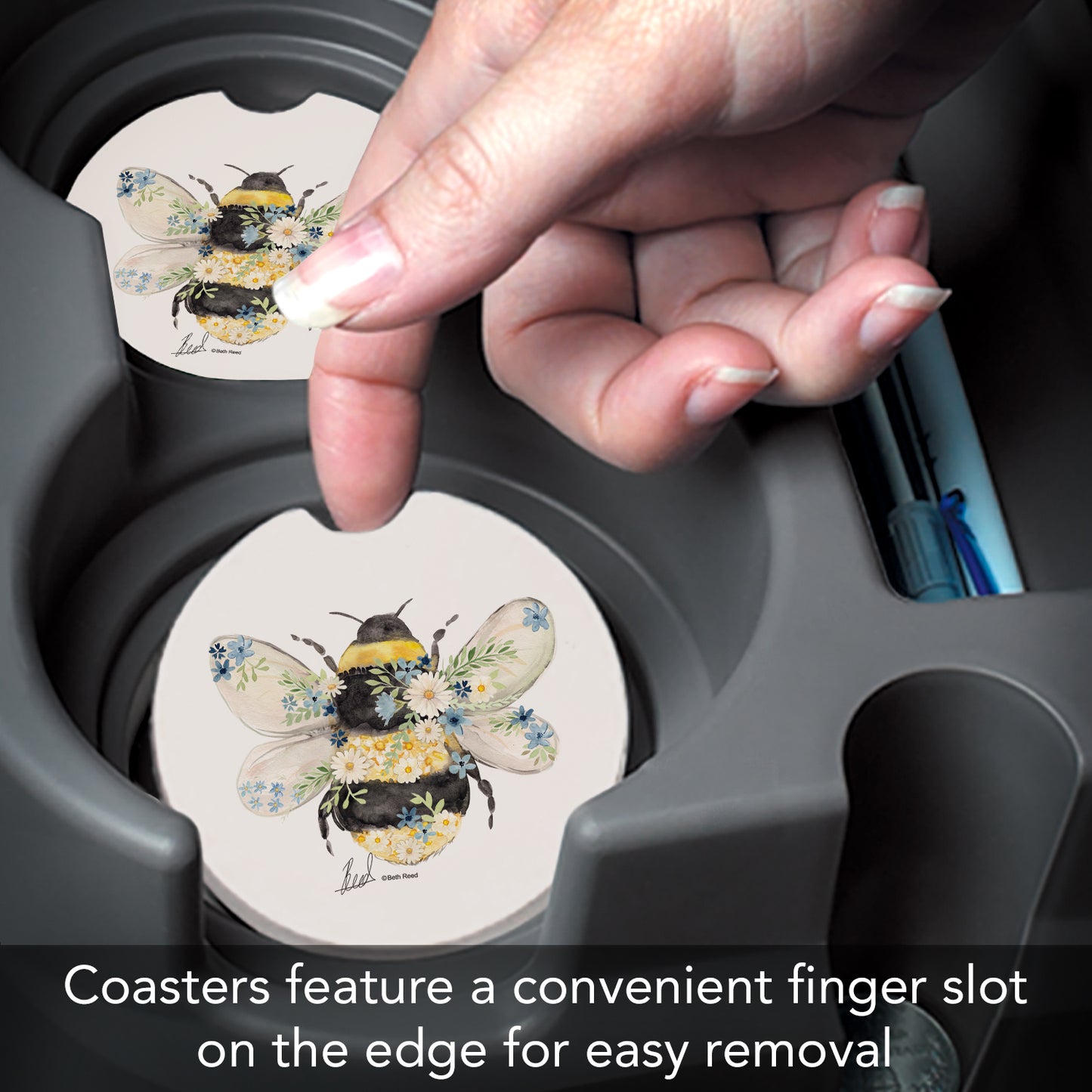 Thirstystone Beautiful Bee Single Absorbent Stone Coaster for Vehicle Cup Holder 2.6” Diameter Manufactured in The USA
