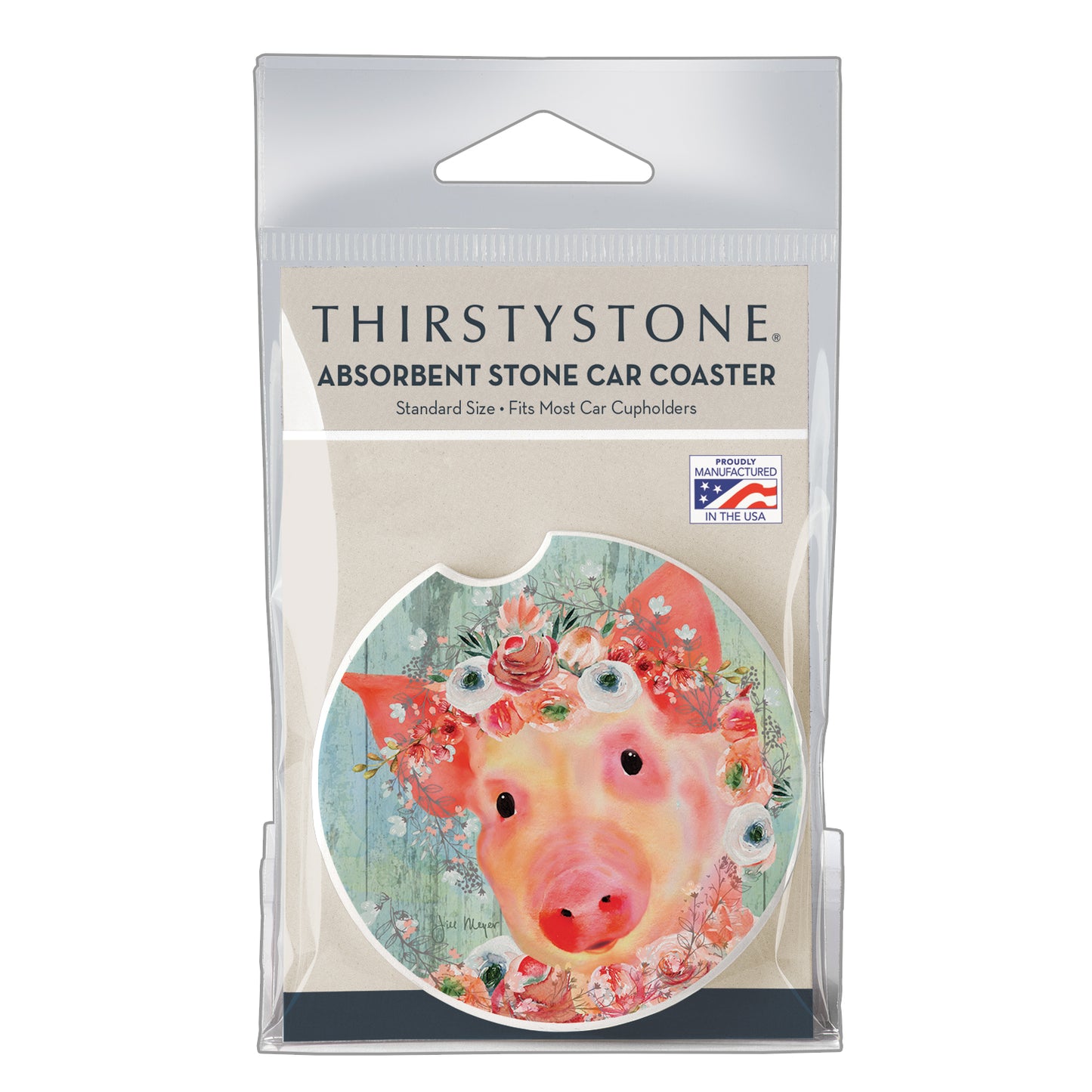 Crowned Piggy Single Absorbent Stone Car Coaster 2.6” Diameter Manufactured in the USA