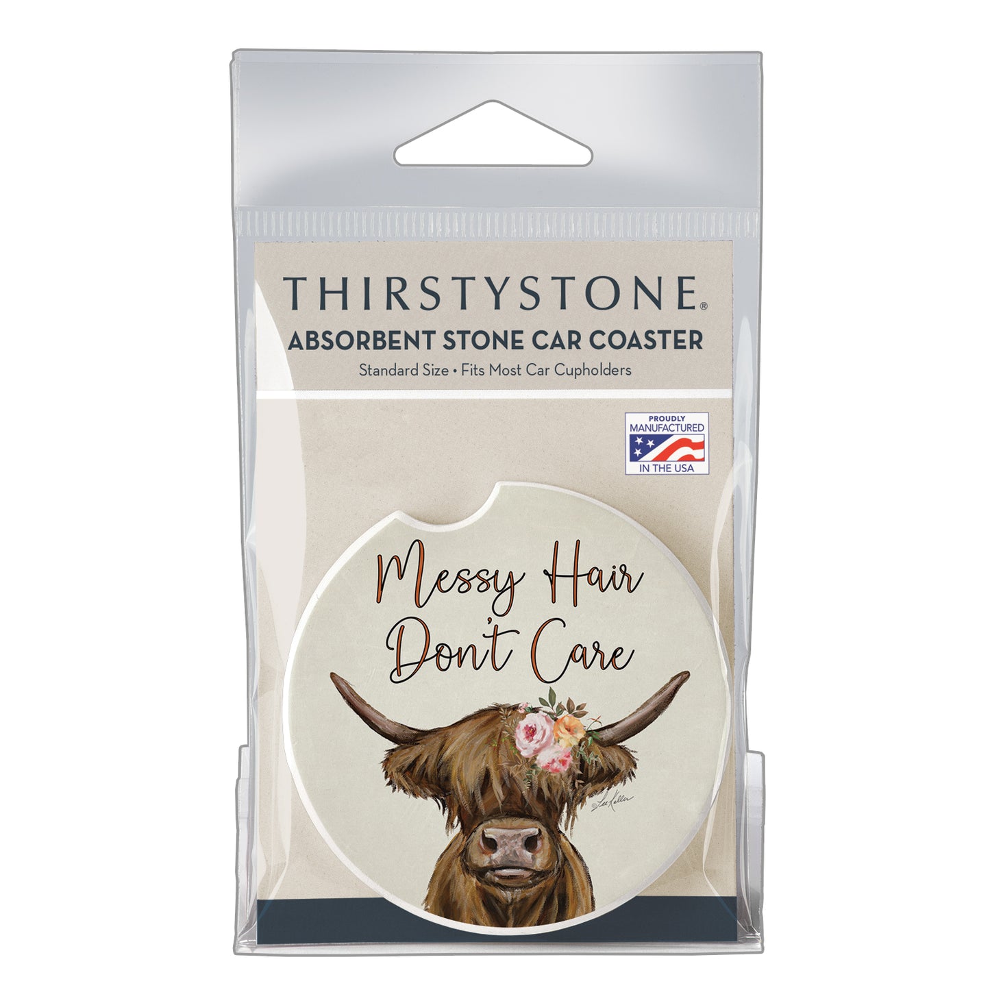 Messy Hair Cow Single Absorbent Stone Car Coaster 2.6” Diameter Manufactured in the USA
