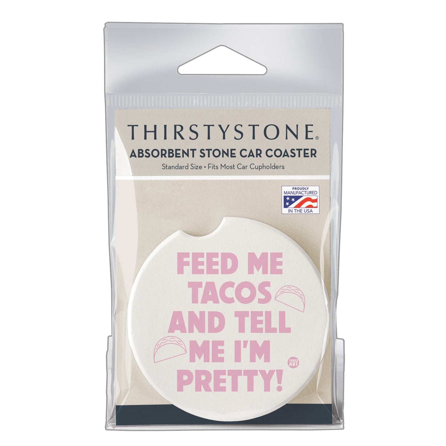 Thirstystone Feed Me Tacos Single Absorbent Stone Coaster for Vehicle Cup Holder 2.6” Diameter Manufactured in The USA