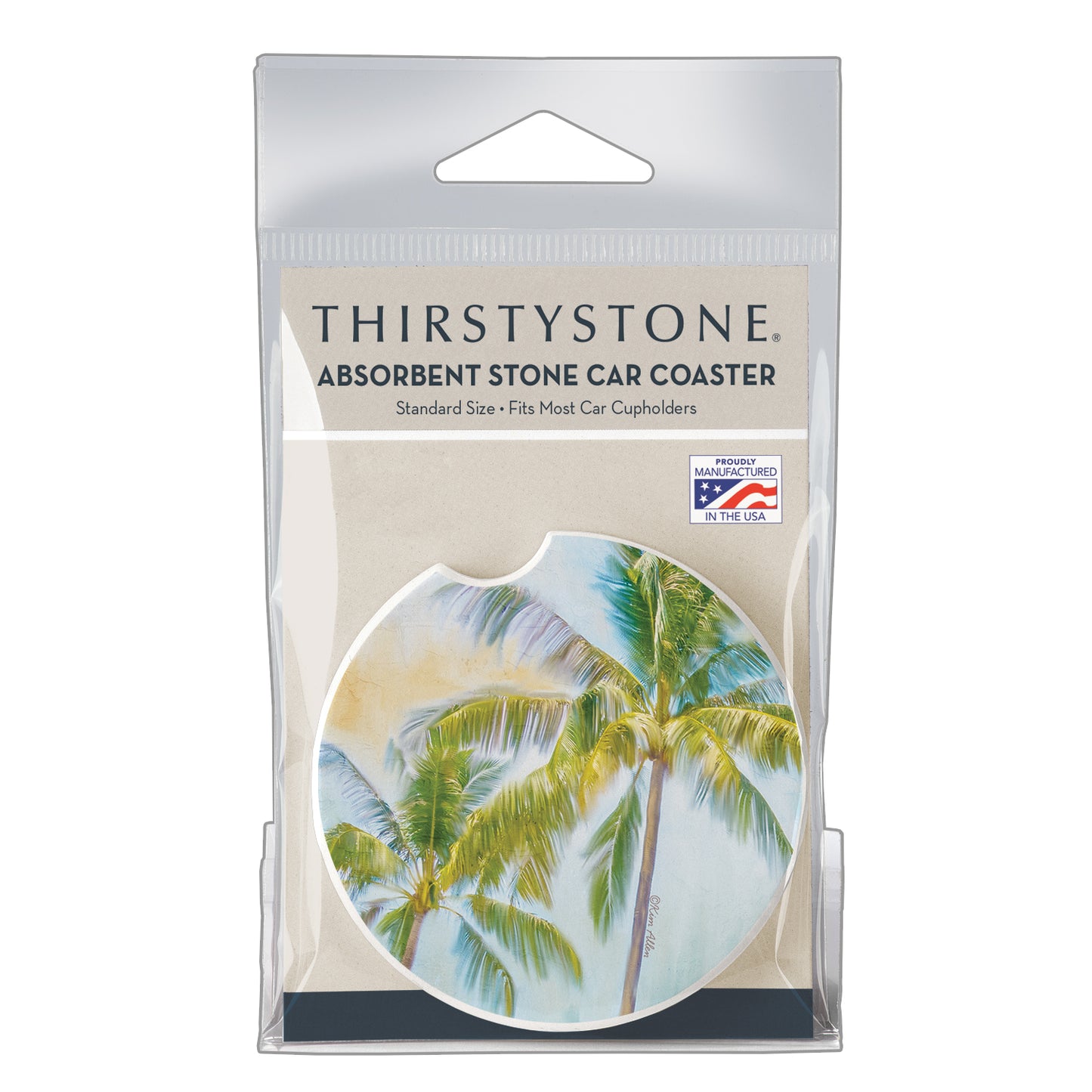 Thirstystone Sunset Palms Single Absorbent Stone Coaster for Vehicle Cup Holder 2.6” Diameter Manufactured in The USA