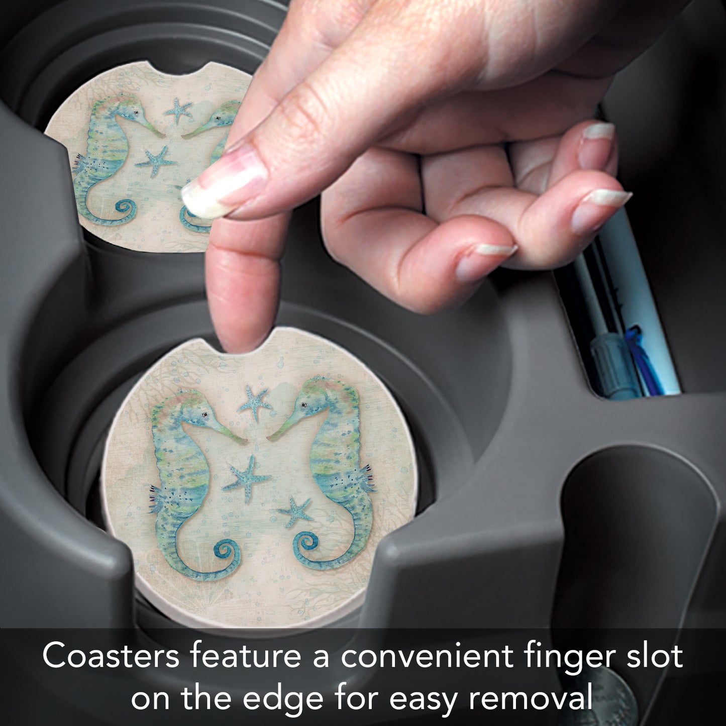 Thirstystone Twin Seahorses Single Absorbent Stone Coaster for Vehicle Cup Holder 2.6” Diameter Manufactured in The USA