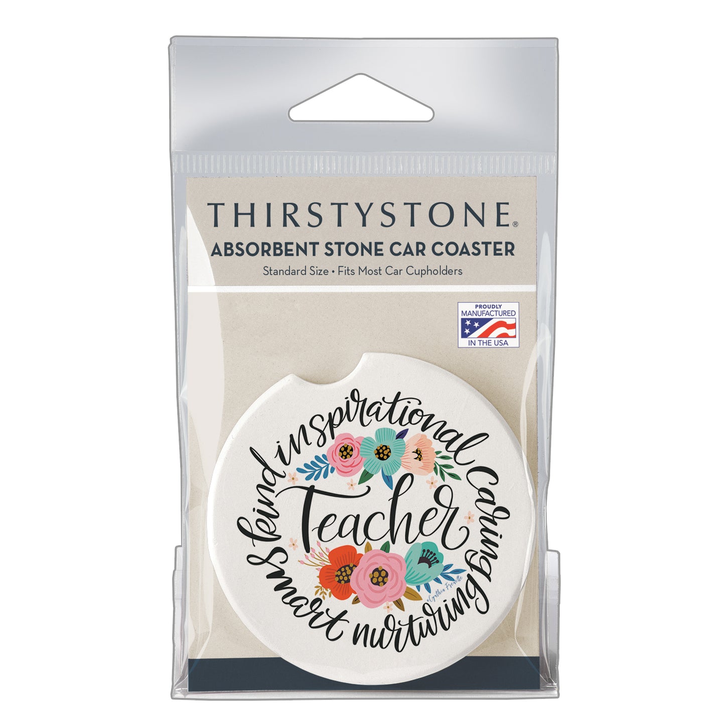 Thirstystone Teacher Words Single Absorbent Stone Coaster for Vehicle Cup Holder 2.6” Diameter Manufactured in The USA