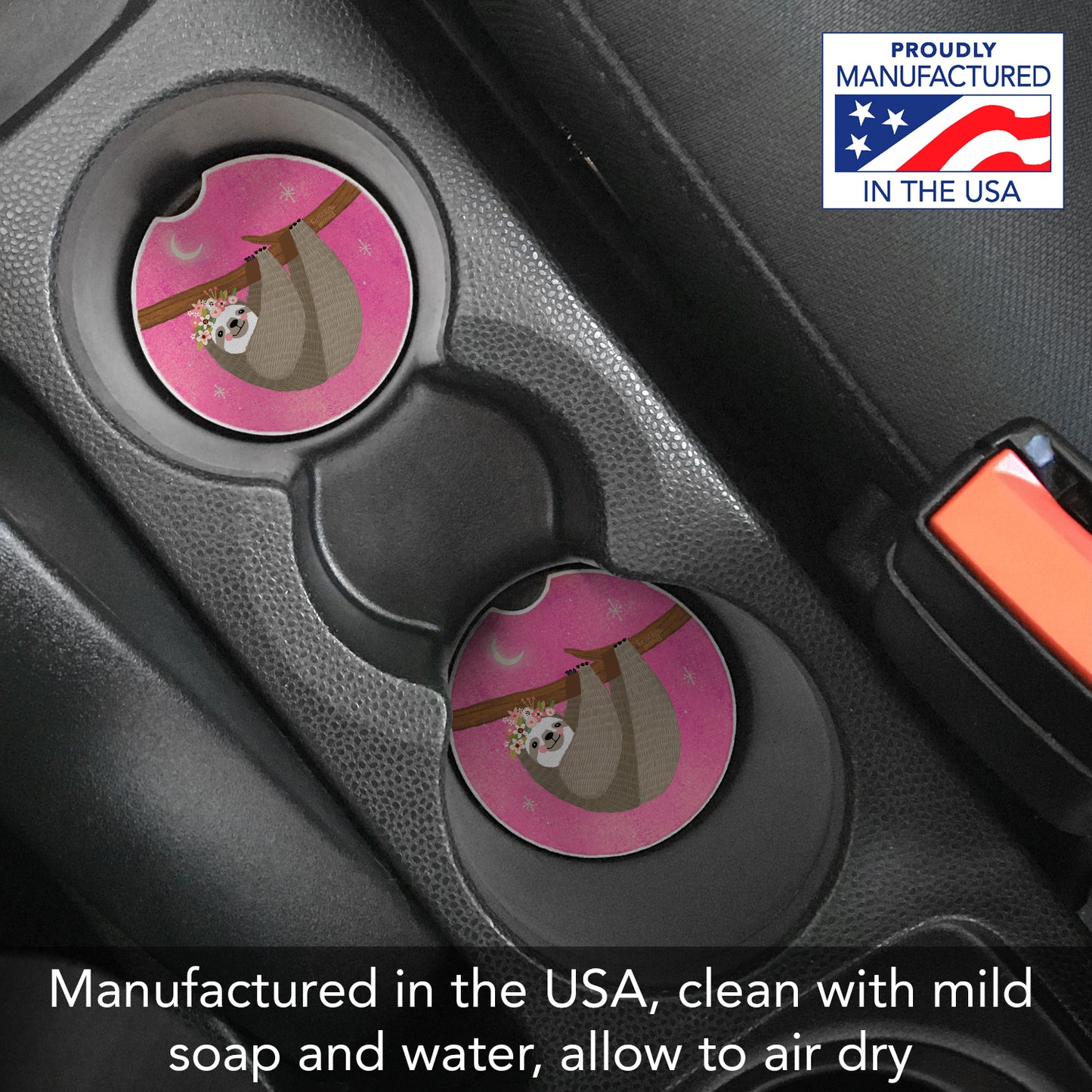 Thirstystone Pink Sloth Single Absorbent Stone Coaster for Vehicle Cup Holder 2.6” Diameter Manufactured in The USA