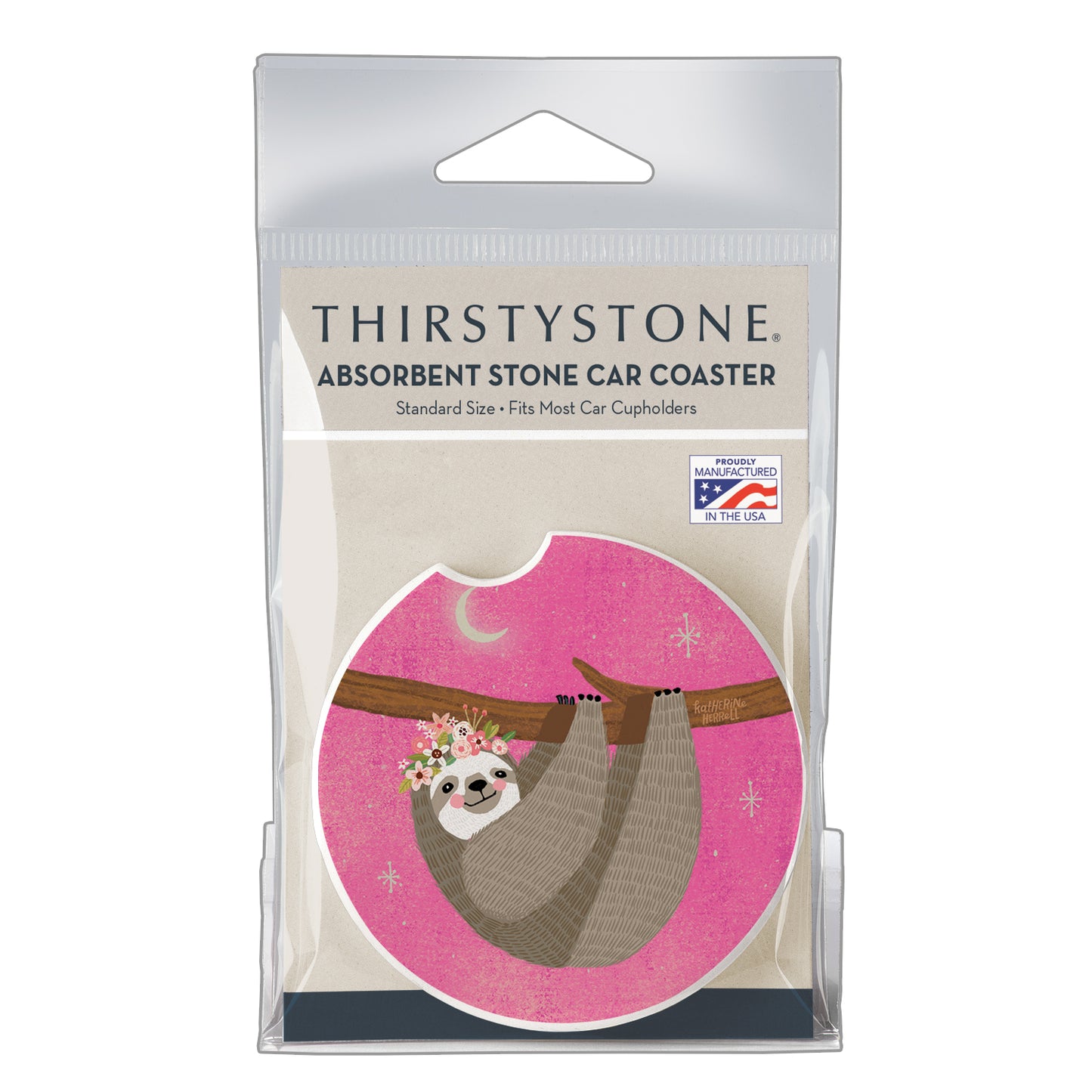 Thirstystone Pink Sloth Single Absorbent Stone Coaster for Vehicle Cup Holder 2.6” Diameter Manufactured in The USA