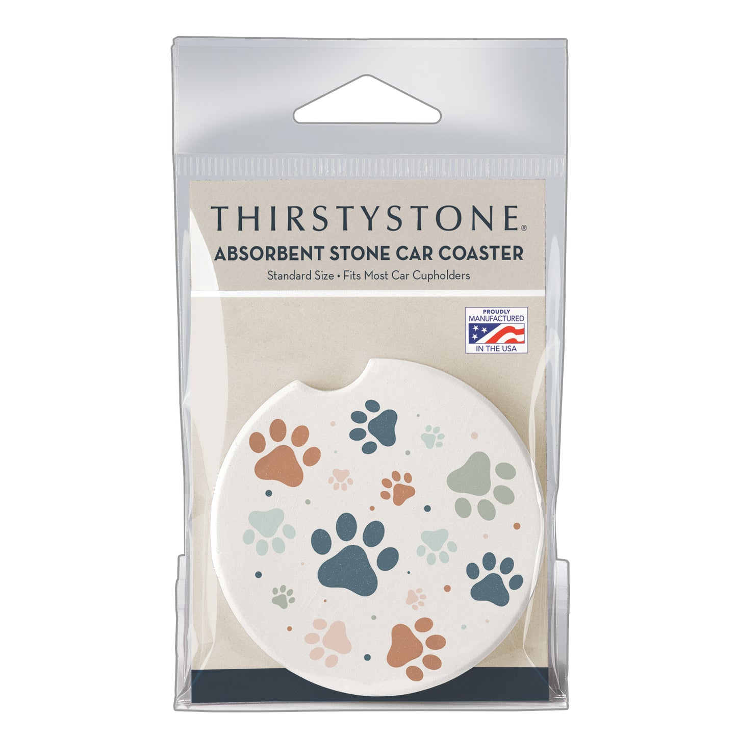 Thirstystone Paw Prints Single Absorbent Stone Coaster for Vehicle Cup Holder 2.6” Diameter Manufactured in The USA