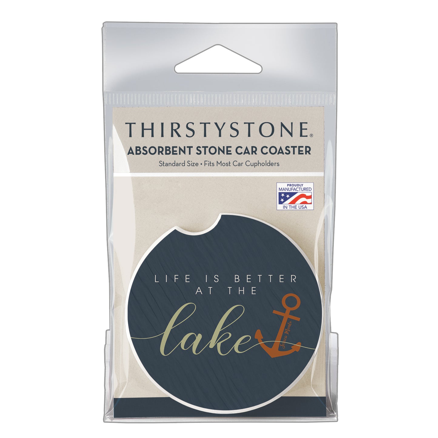 Thirstystone Lake Life Single Absorbent Stone Coaster for Vehicle Cup Holder 2.6” Diameter Manufactured in The USA