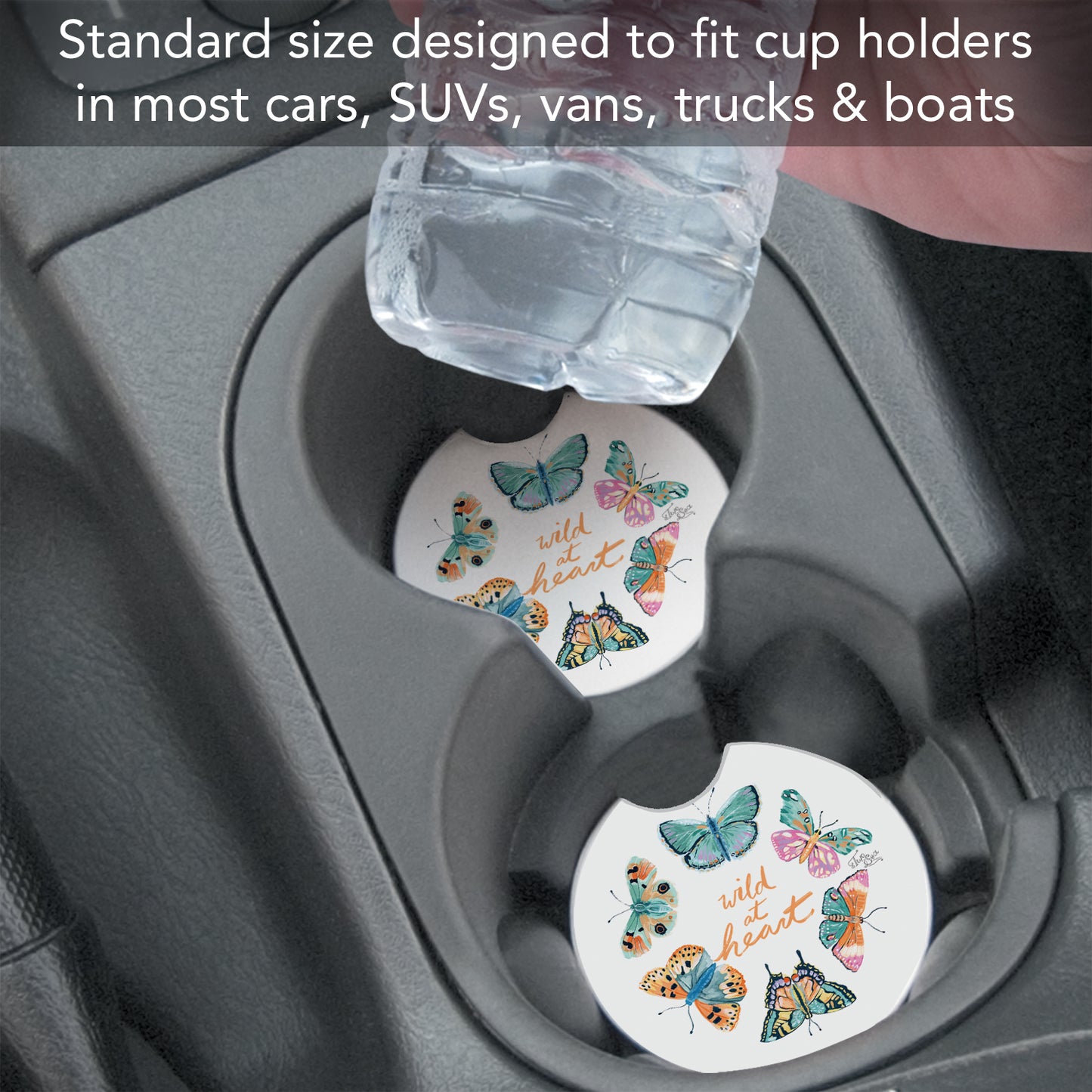 Thirstystone Wild at Heart Butterflies Single Absorbent Stone Coaster for Vehicle Cup Holder 2.6” Diameter Manufactured in The USA