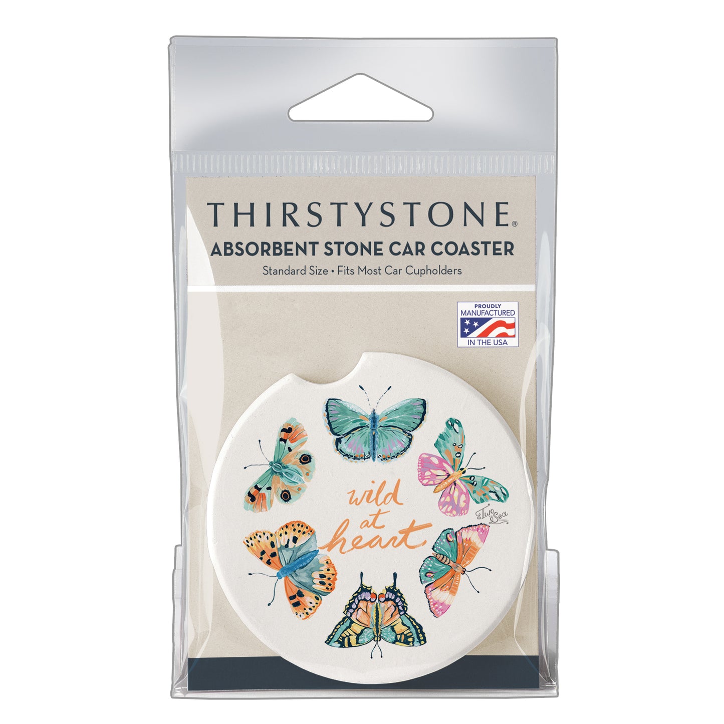 Thirstystone Wild at Heart Butterflies Single Absorbent Stone Coaster for Vehicle Cup Holder 2.6” Diameter Manufactured in The USA