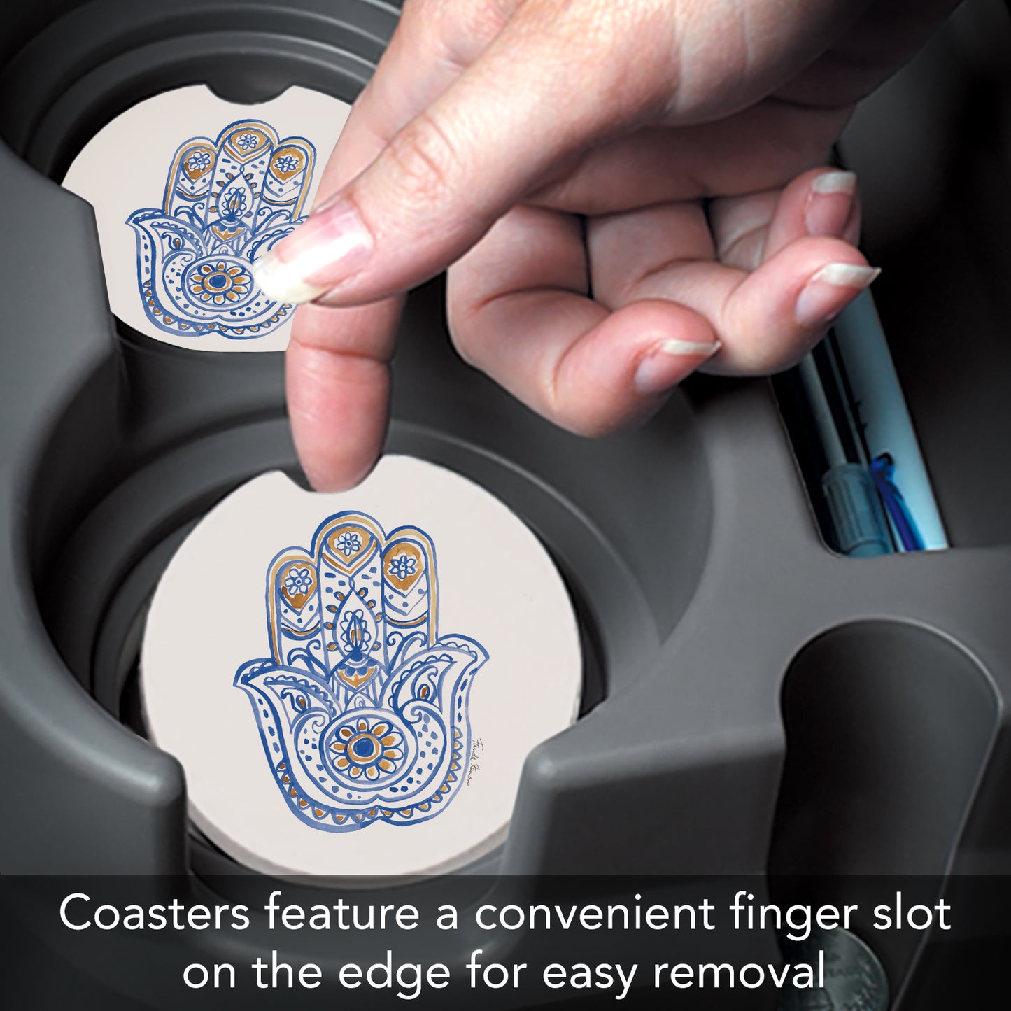 Thirstystone Hamsa Single Absorbent Stone Coaster for Vehicle Cup Holder 2.6” Diameter Manufactured in The USA