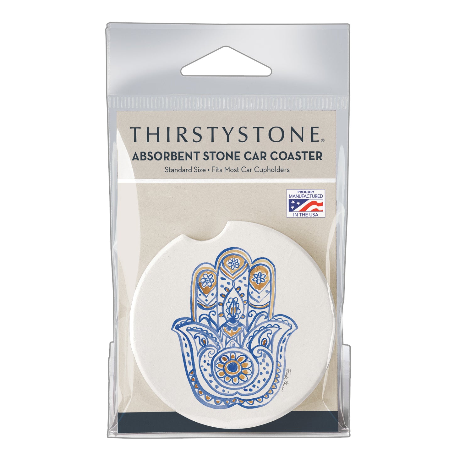 Thirstystone Hamsa Single Absorbent Stone Coaster for Vehicle Cup Holder 2.6” Diameter Manufactured in The USA