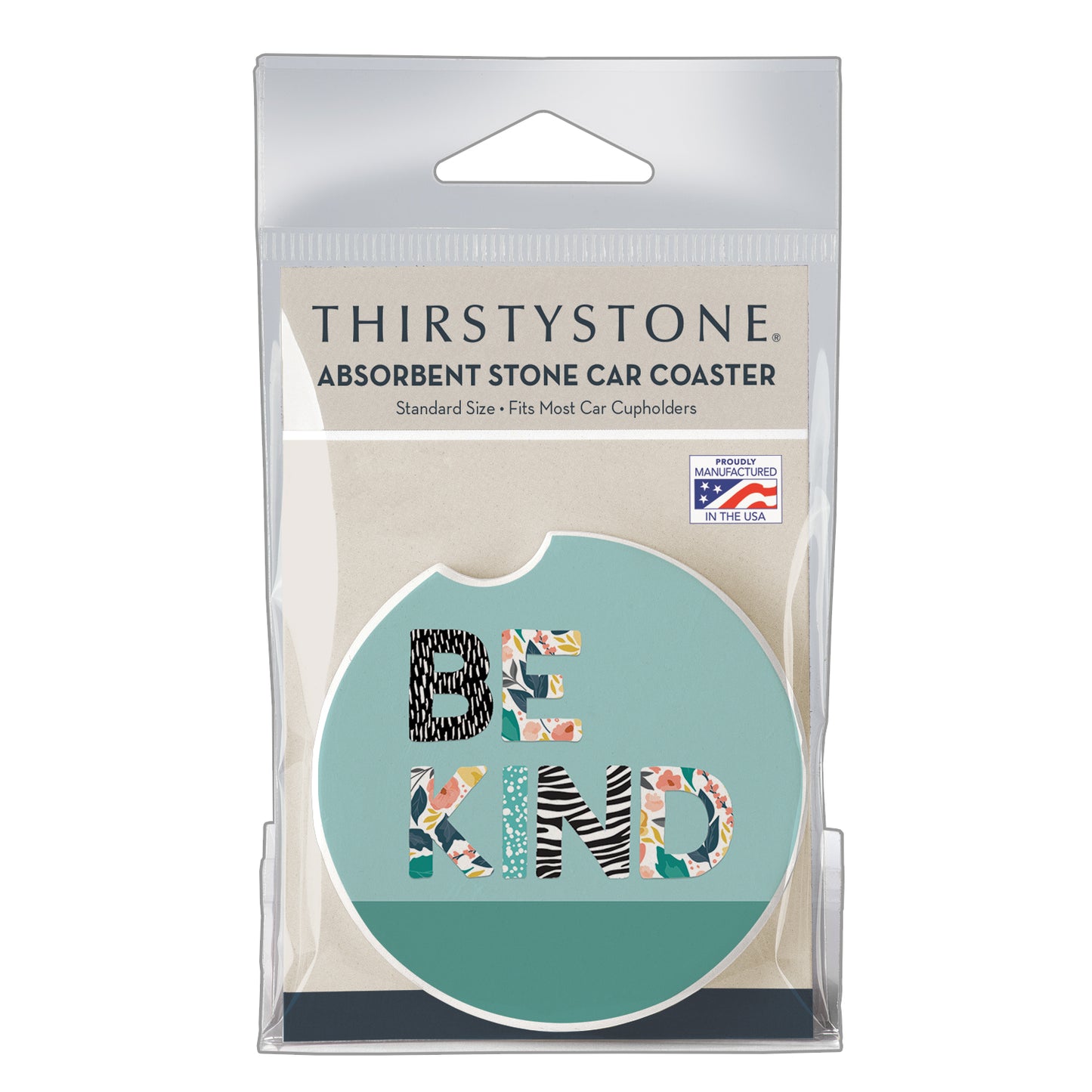 Floral Be Kind Single Absorbent Stone Car Coaster 2.6” Diameter Manufactured in the USA