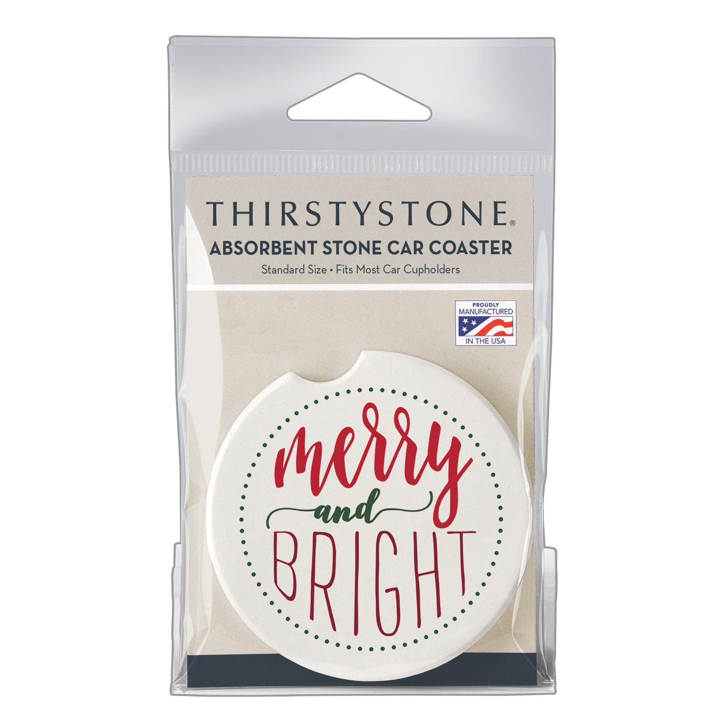 Merry & Bright Single Absorbent Stone Car Coaster 2.6” Diameter Manufactured in the USA