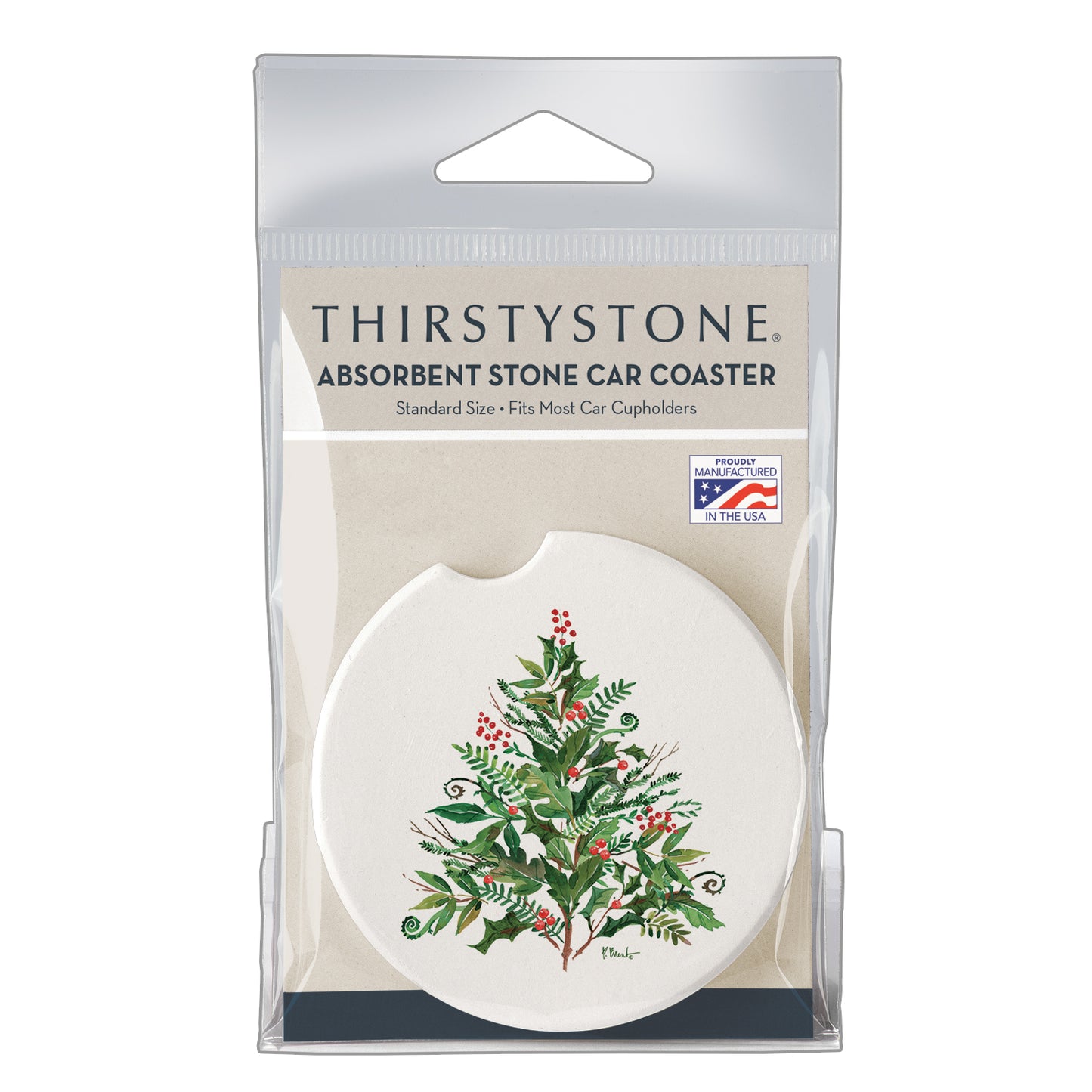 Thirstystone Peppermint Tree Single Absorbent Stone Coaster for Vehicle Cup Holder 2.6” Diameter Manufactured in The USA