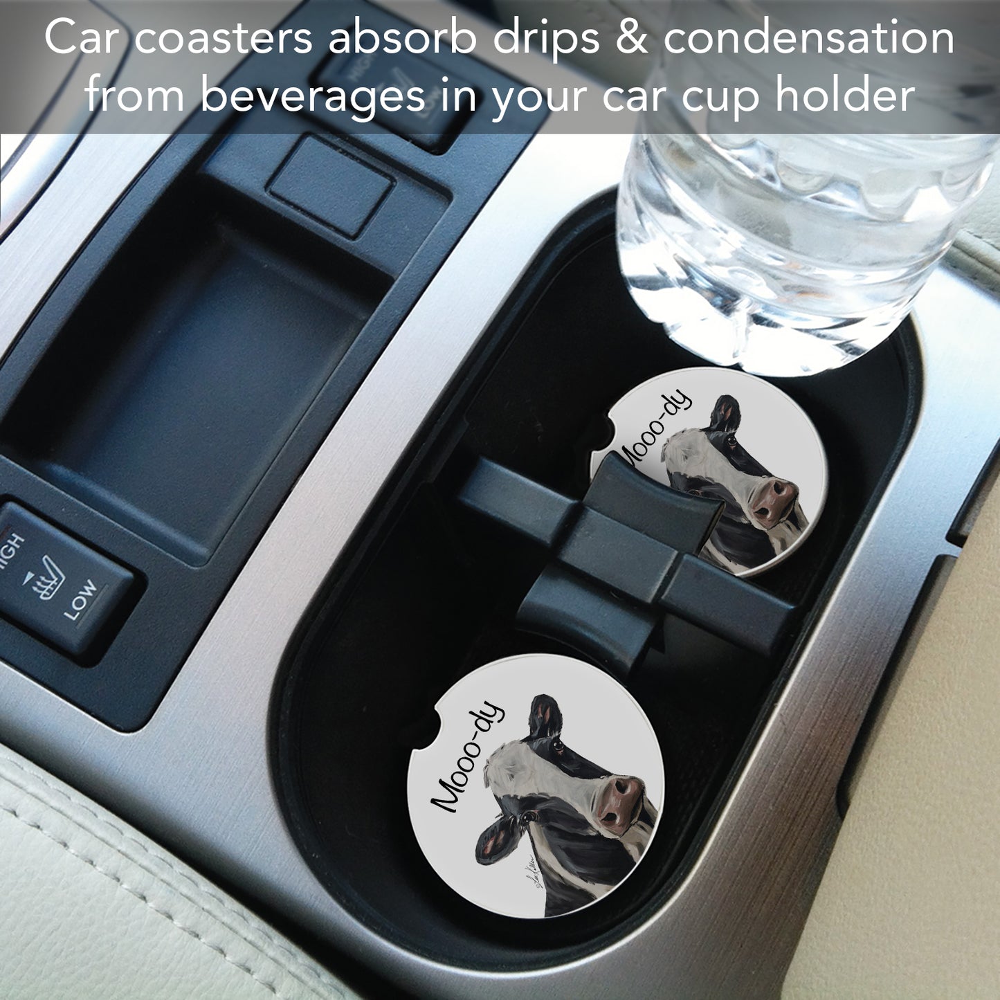 Thirstystone Mooo-dy Cow Single Absorbent Stone Coaster for Vehicle Cup Holder 2.6” Diameter Manufactured in The USA