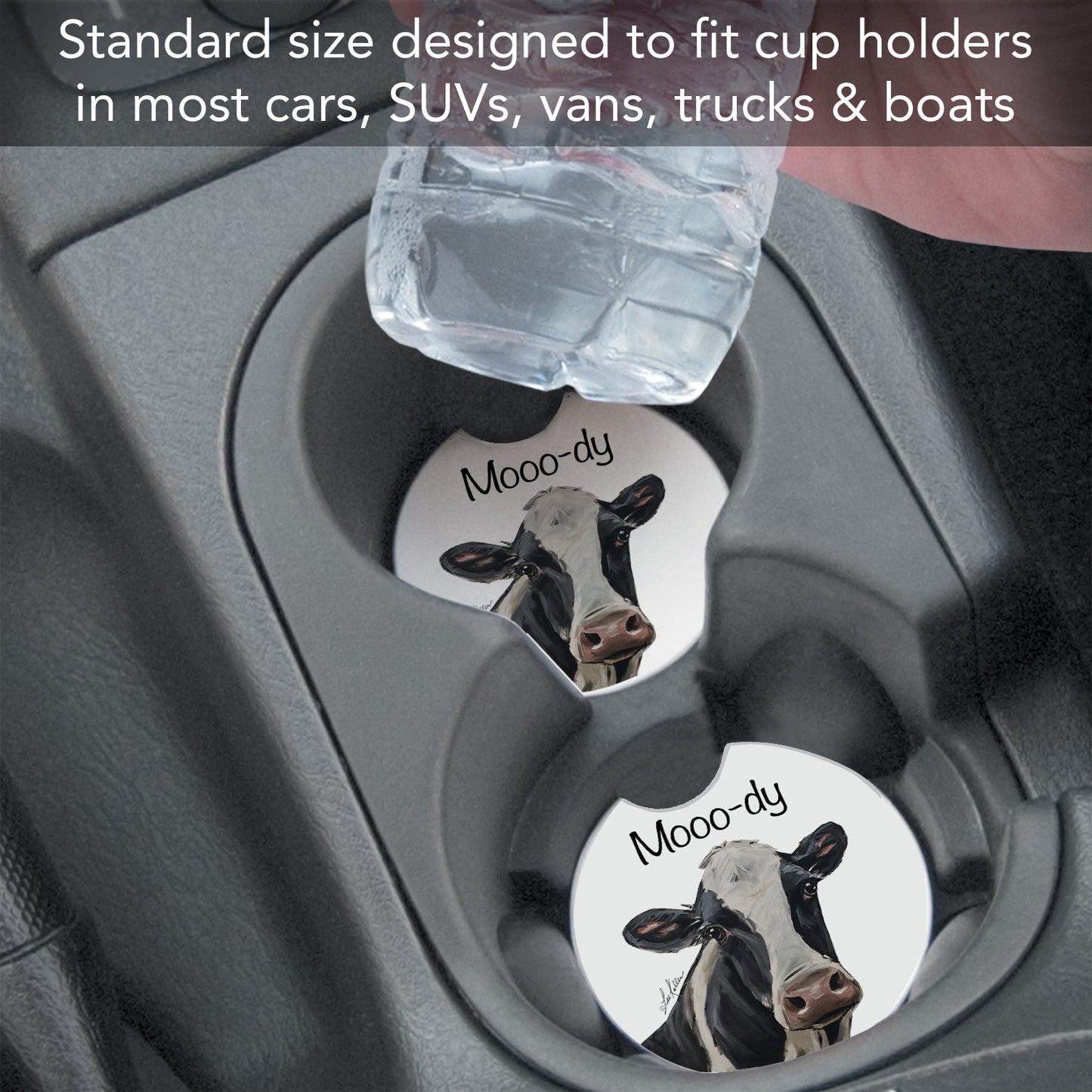Thirstystone Mooo-dy Cow Single Absorbent Stone Coaster for Vehicle Cup Holder 2.6” Diameter Manufactured in The USA