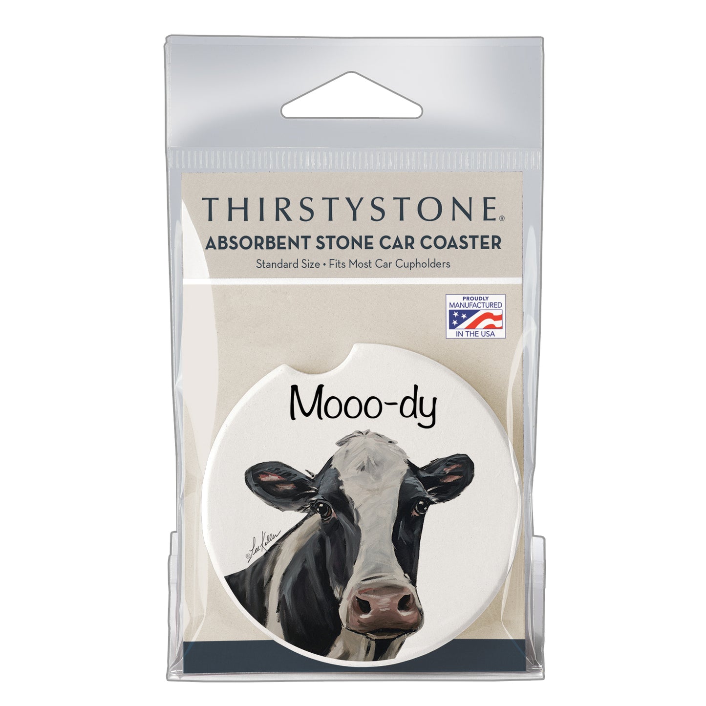 Mooo-dy Cow Single Absorbent Stone Car Coaster 2.6” Diameter Manufactured in the USA