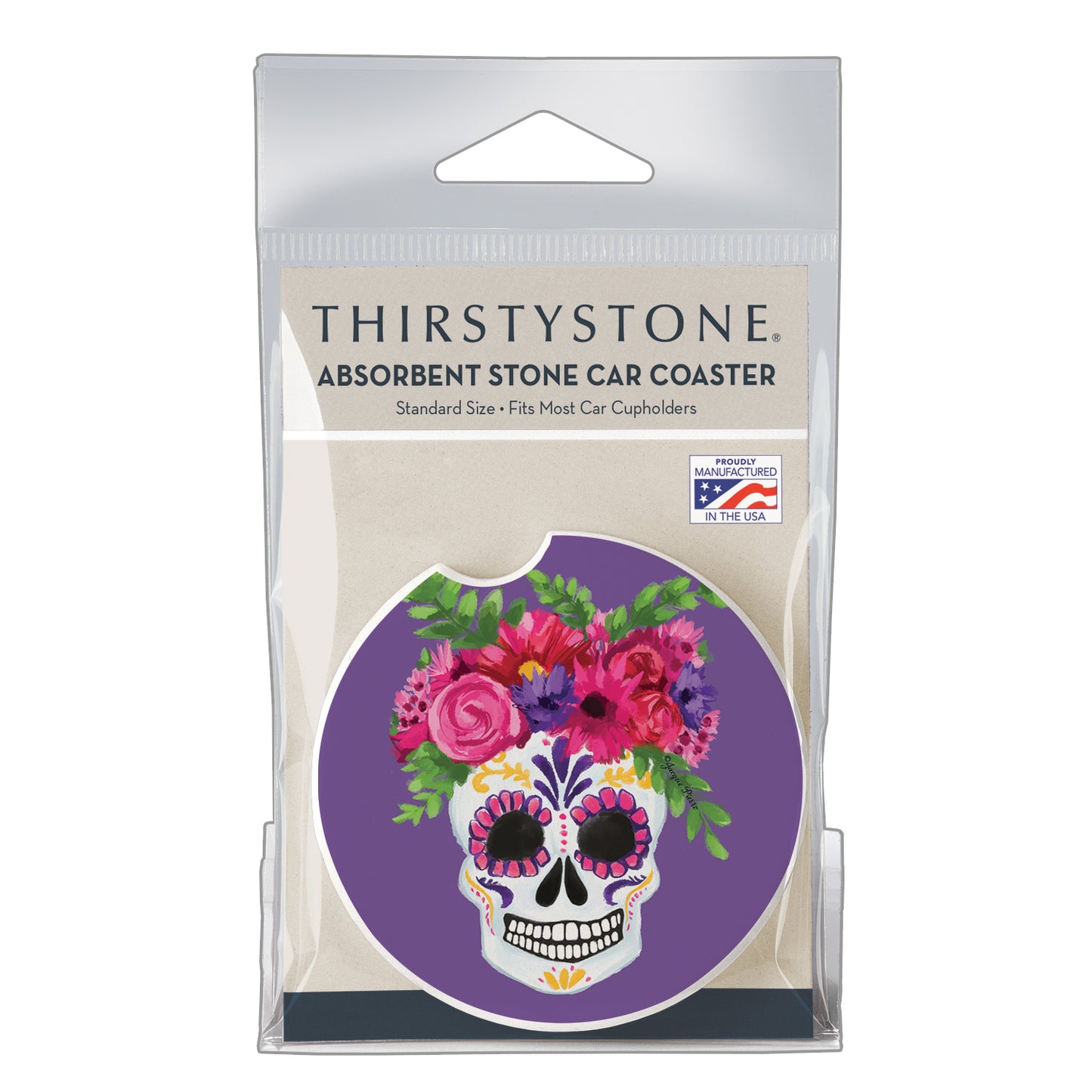 Skull Flowers Single Absorbent Stone Car Coaster 2.6” Diameter Manufactured in the USA