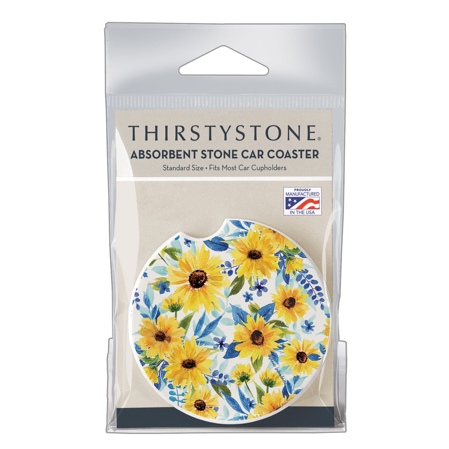 Sapphire Gold Sunflowers Single Absorbent Stone Car Coaster 2.6” Diameter Manufactured in the USA