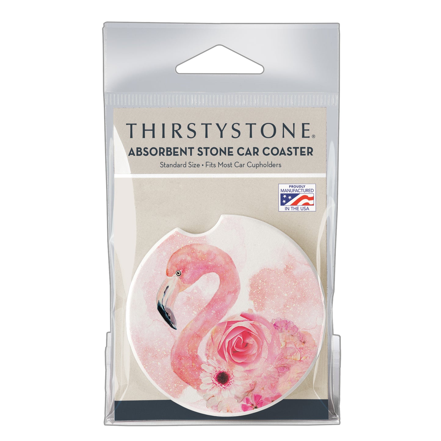 Floral Flamingo Single Absorbent Stone Car Coaster 2.6” Diameter Manufactured in the USA
