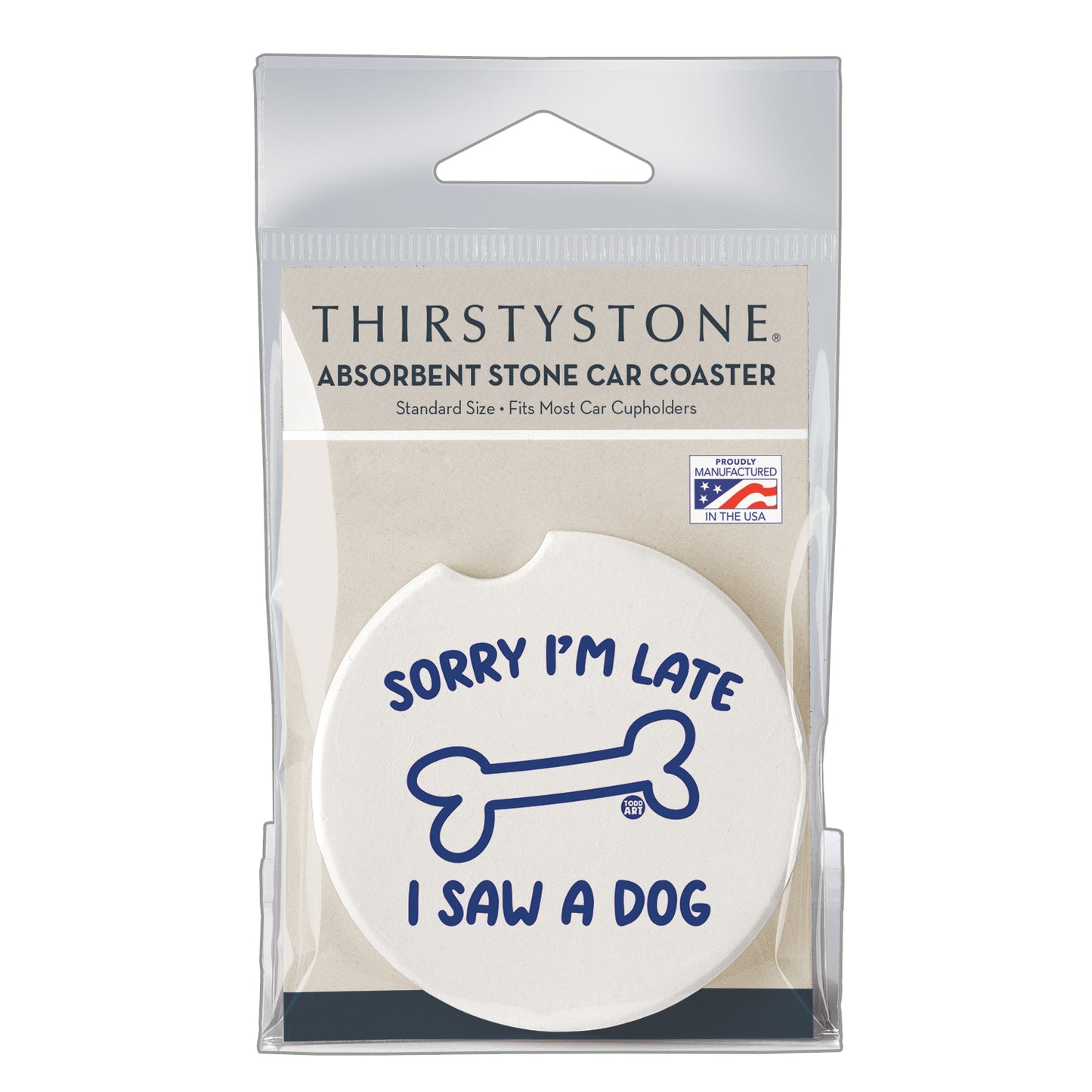 Saw A Dog Single Absorbent Stone Car Coaster 2.6” Diameter Manufactured in the USA