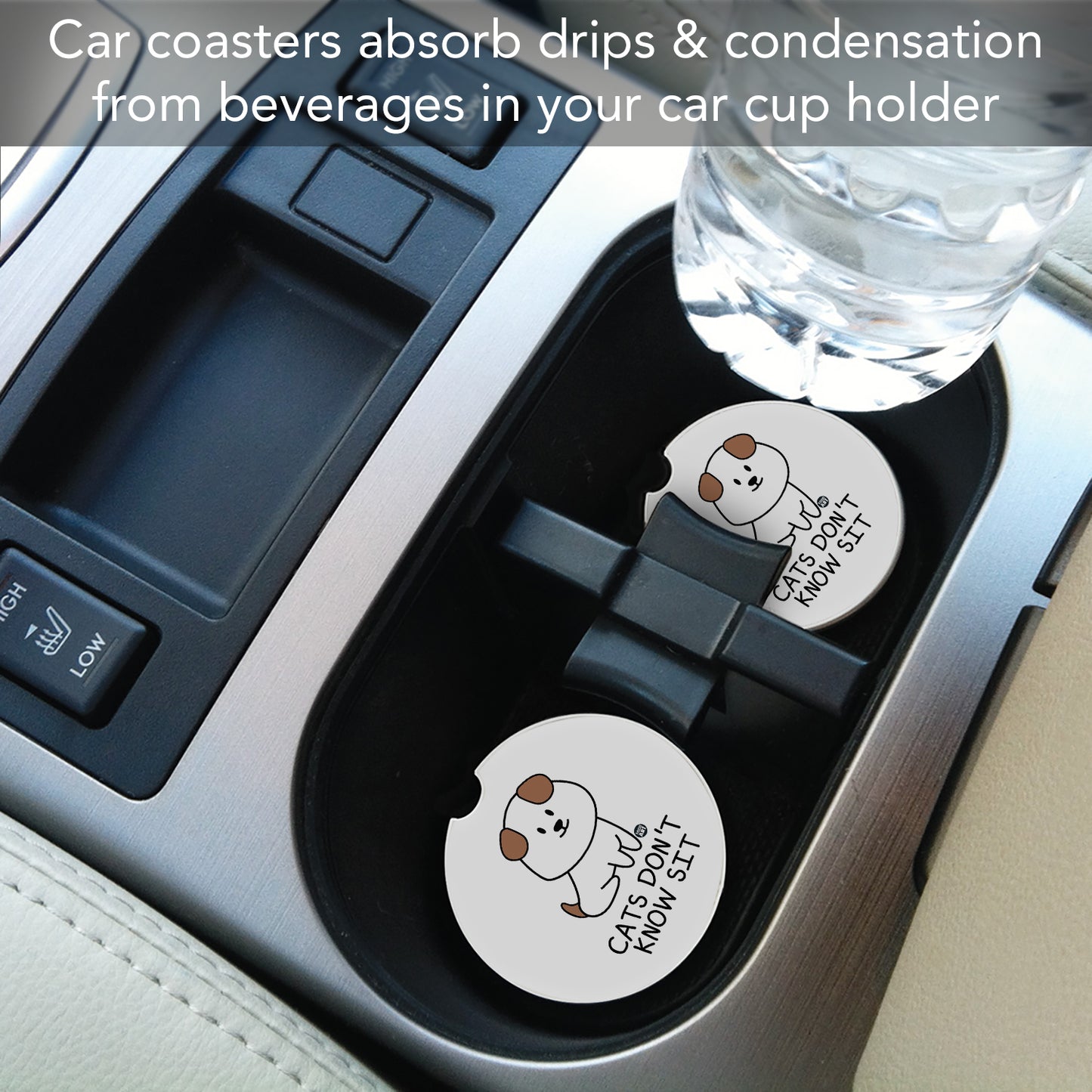 Thirstystone Cats Don't Know Sit Single Absorbent Stone Coaster for Vehicle Cup Holder 2.6” Diameter Manufactured in The USA