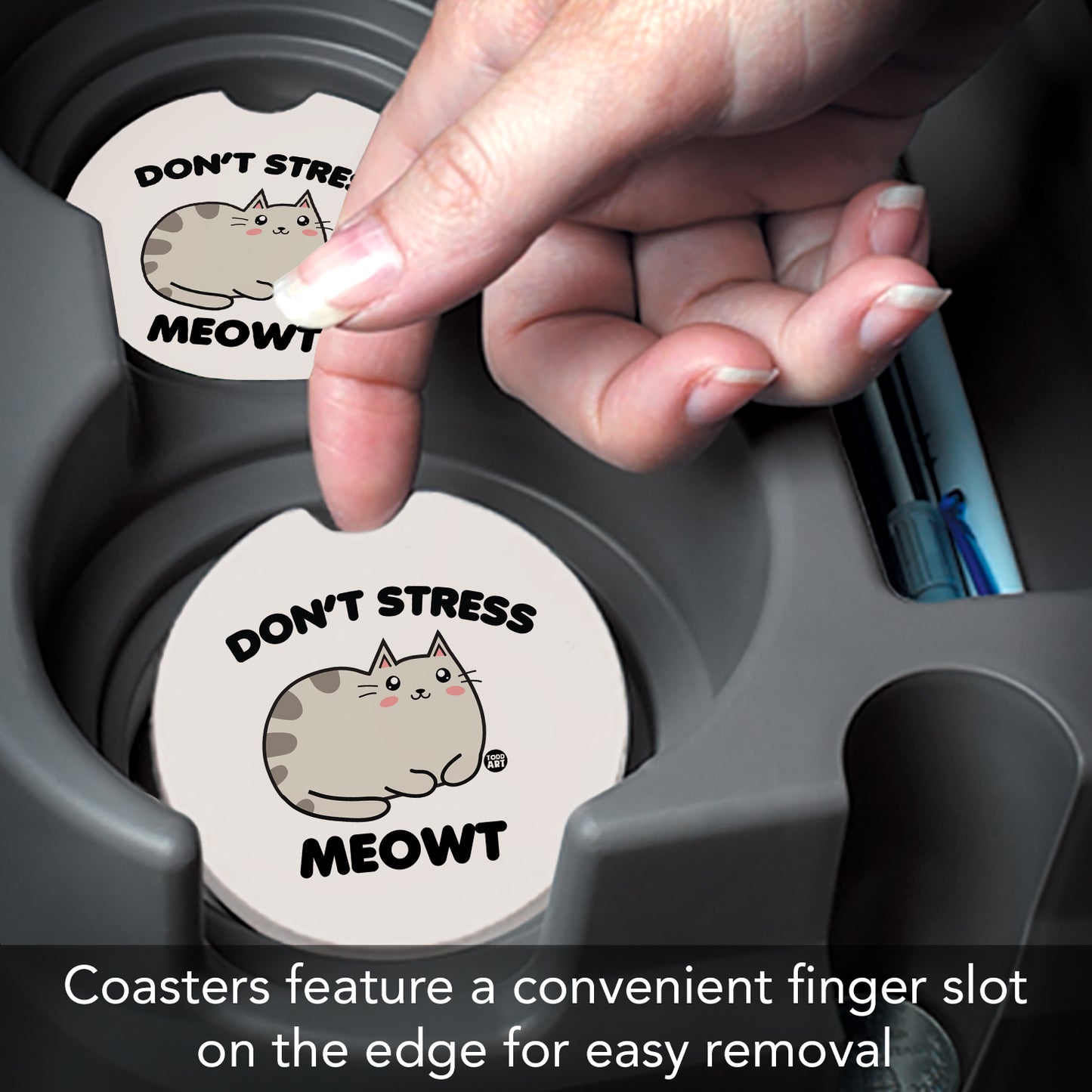 Thirstystone Don't Stress Meowt Single Absorbent Stone Coaster for Vehicle Cup Holder 2.6” Diameter Manufactured in The USA