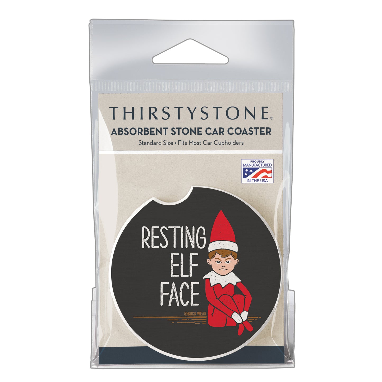 Resting Elf Face Single Absorbent Stone Car Coaster 2.6” Diameter Manufactured in the USA