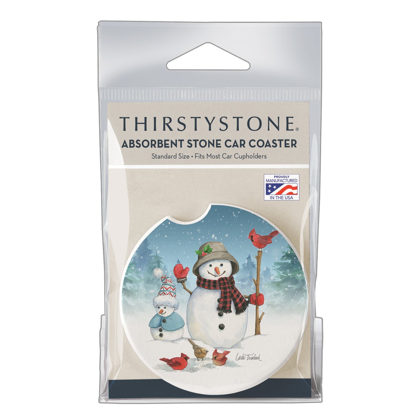Snowman Family Single Absorbent Stone Car Coaster 2.6” Diameter Manufactured in the USA