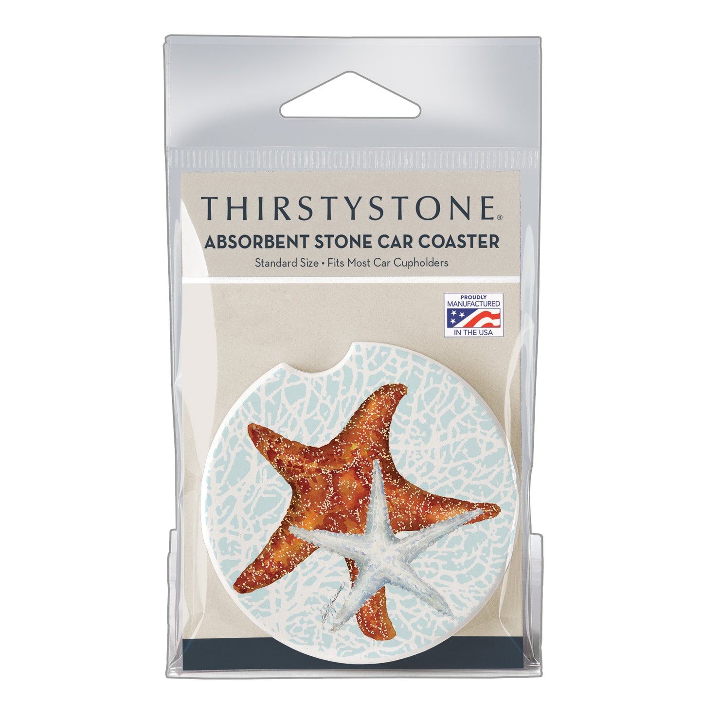 Seas The Day Starfish Single Absorbent Stone Car Coaster 2.6” Diameter Manufactured in the USA