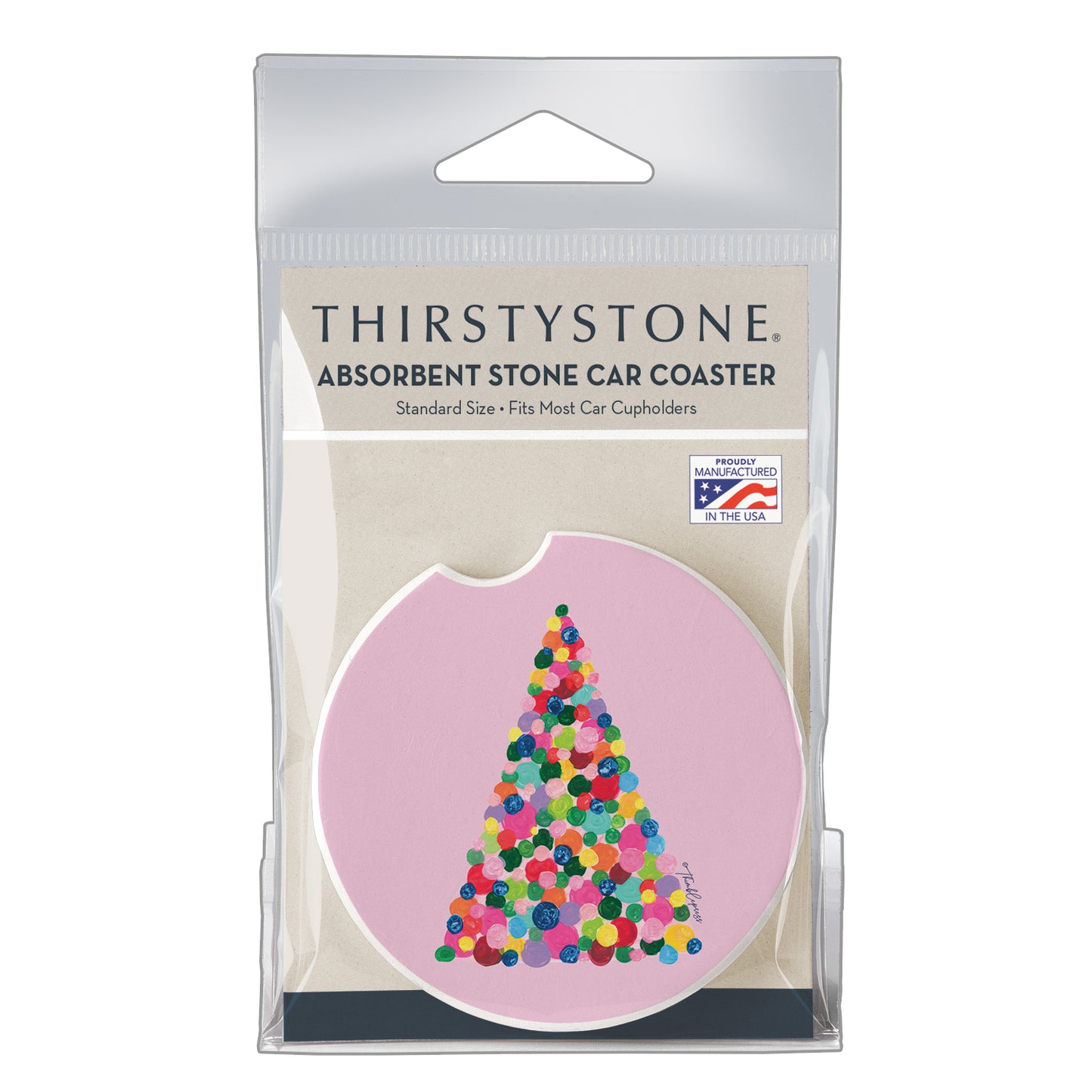 Holiday Pop Tree Single Absorbent Stone Car Coaster 2.6” Diameter Manufactured in the USA