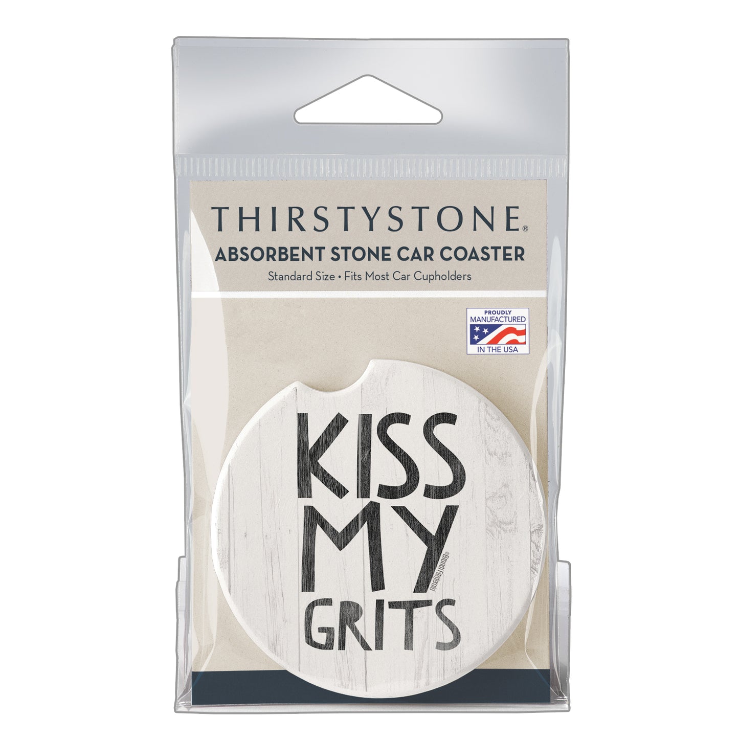 Kiss My Grits Single Absorbent Stone Car Coaster 2.6” Diameter Manufactured in the USA