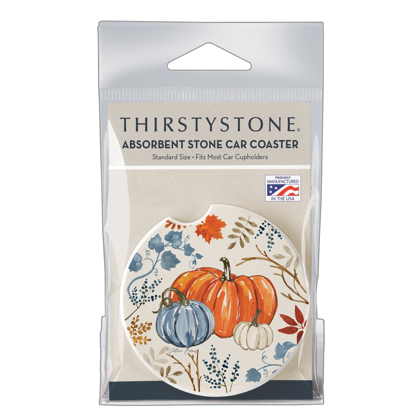 Autumn Pumpkins Single Absorbent Stone Car Coaster 2.6” Diameter Manufactured in the USA