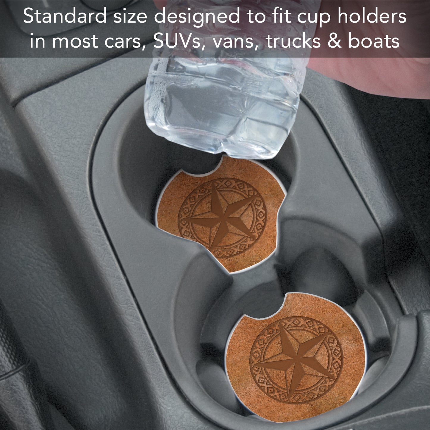 Thirstystone Leather Lonestar Single Absorbent Stone Coaster for Vehicle Cup Holder 2.6” Diameter Manufactured in The USA