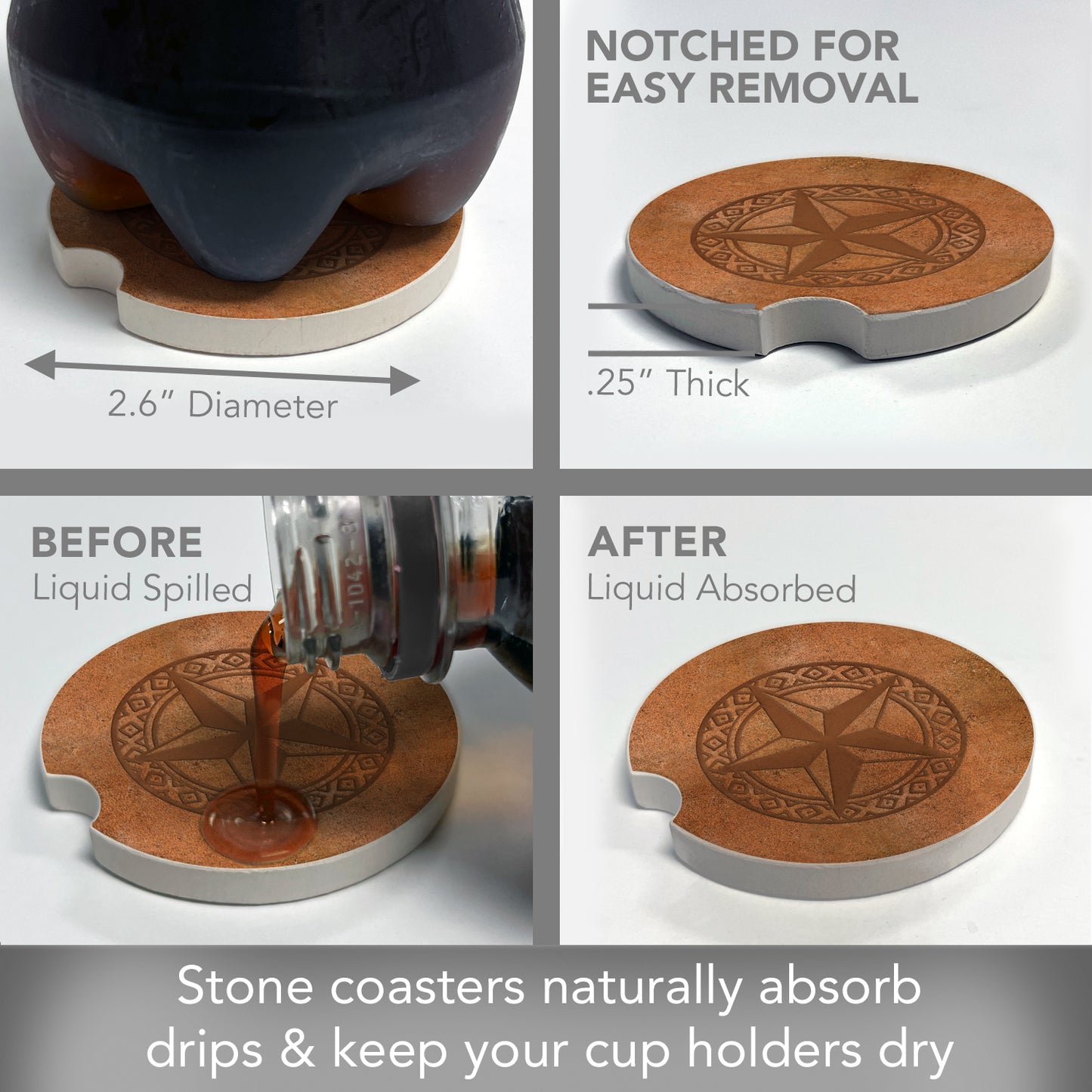 Thirstystone Leather Lonestar Single Absorbent Stone Coaster for Vehicle Cup Holder 2.6” Diameter Manufactured in The USA