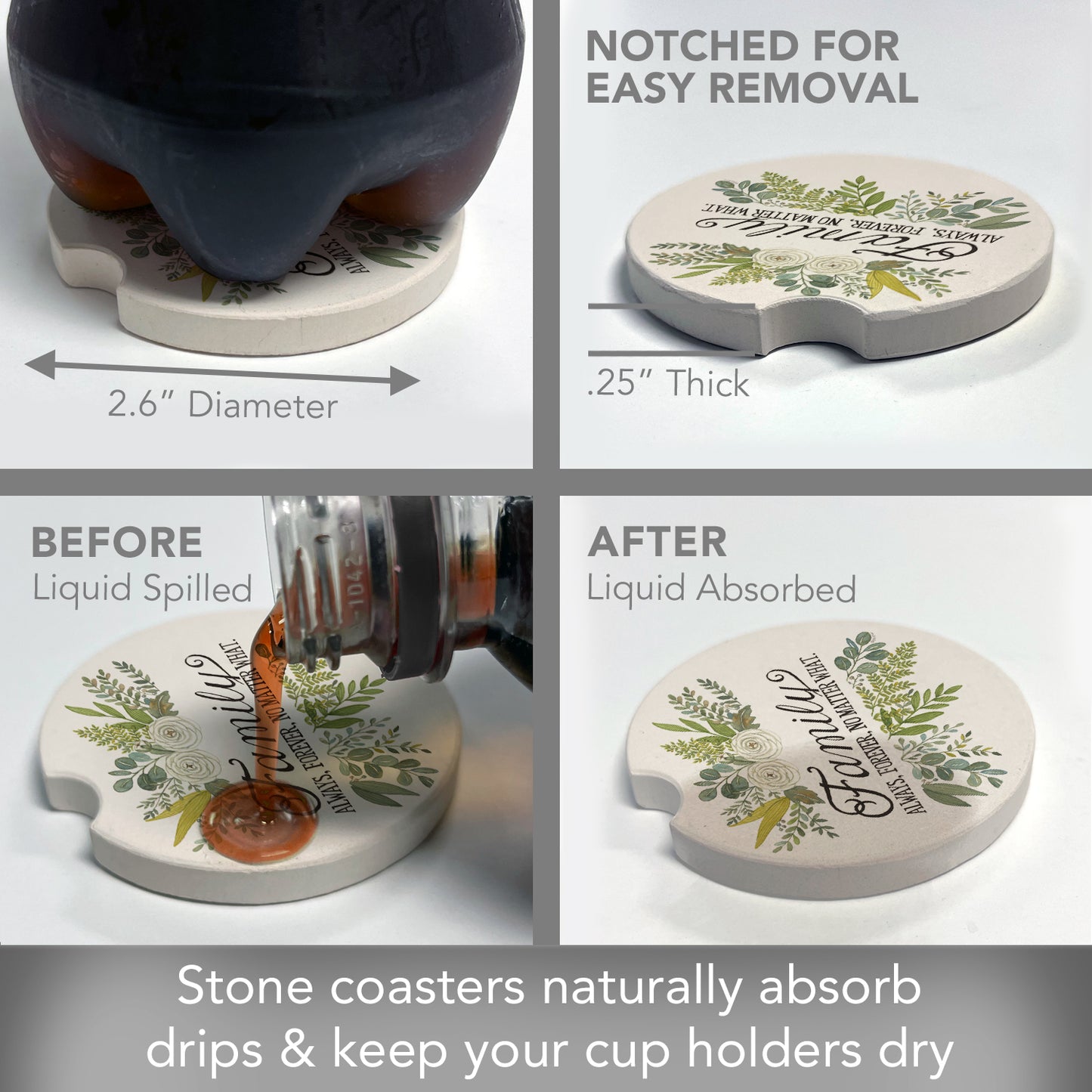 Thirstystone Family Always Single Absorbent Stone Car Coaster 2.6” Diameter Manufactured in the USA