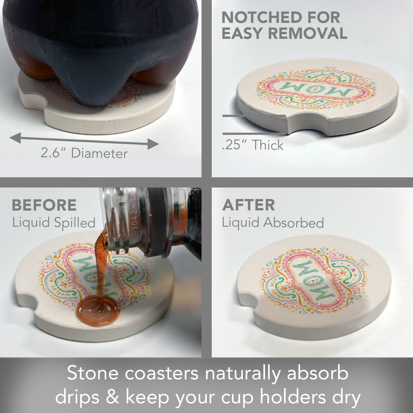 Thirstystone World's Best Mom Single Absorbent Stone Coaster for Vehicle Cup Holder 2.6” Diameter Manufactured in The USA