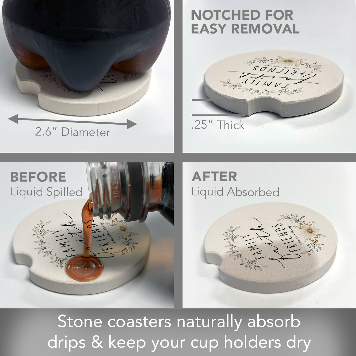 Thirstystone Family Faith Friends Single Absorbent Stone Car Coaster 2.6” Diameter Manufactured in the USA