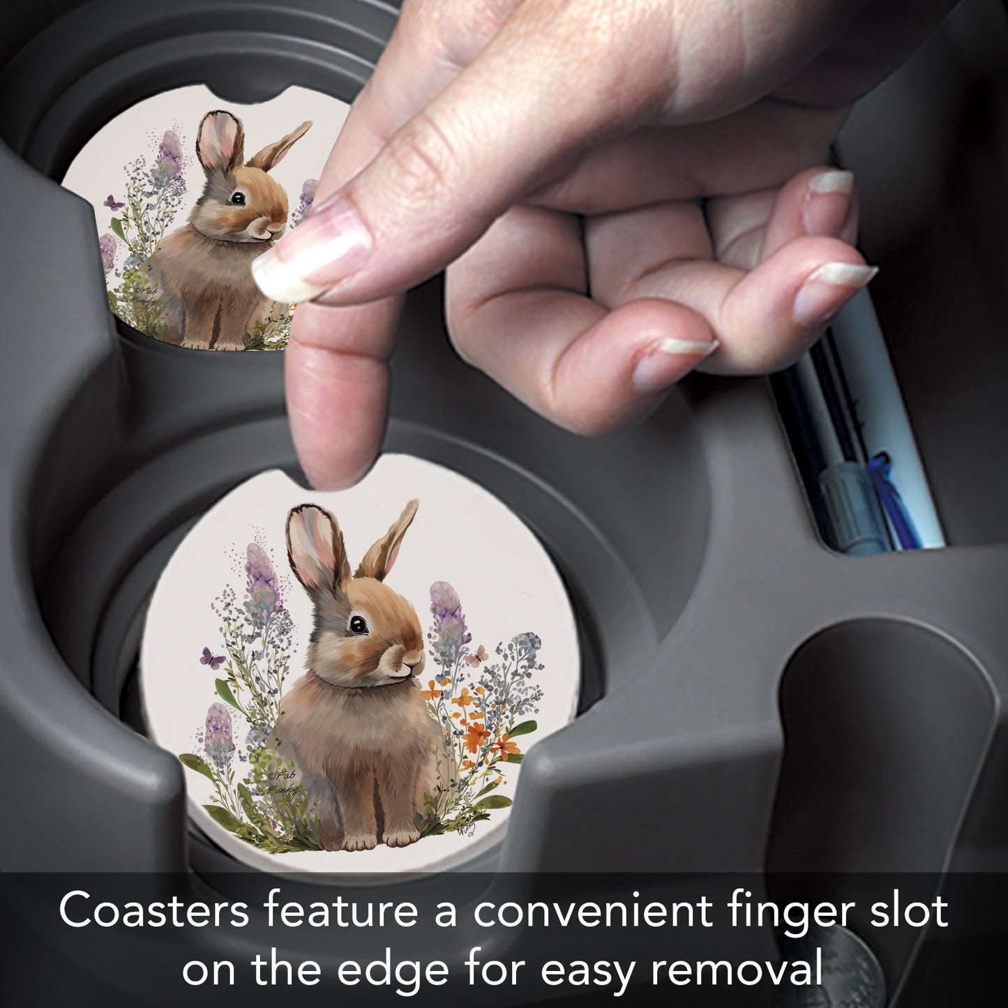Thirstystone Rabbit in Lupins Single Absorbent Stone Coaster for Vehicle Cup Holder 2.6” Diameter Manufactured in The USA