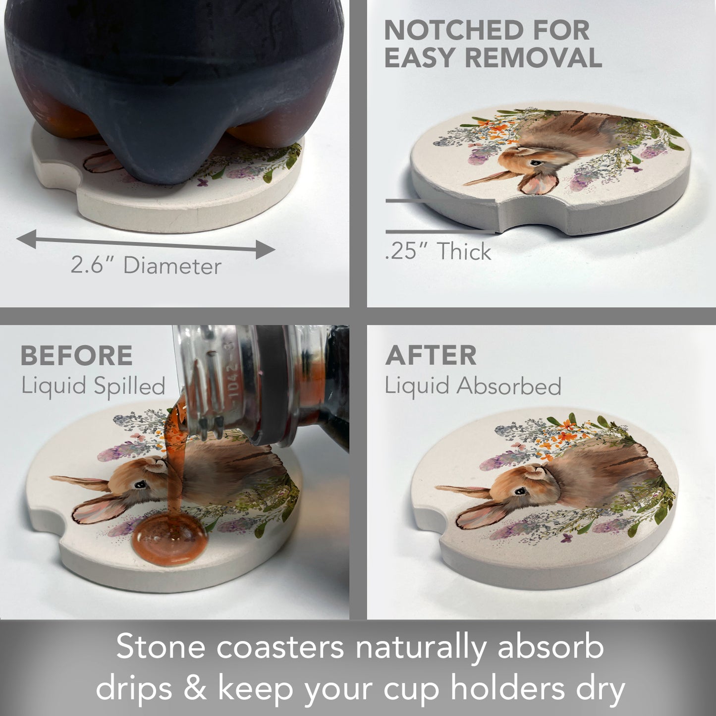 Thirstystone Rabbit in Lupins Single Absorbent Stone Coaster for Vehicle Cup Holder 2.6” Diameter Manufactured in The USA