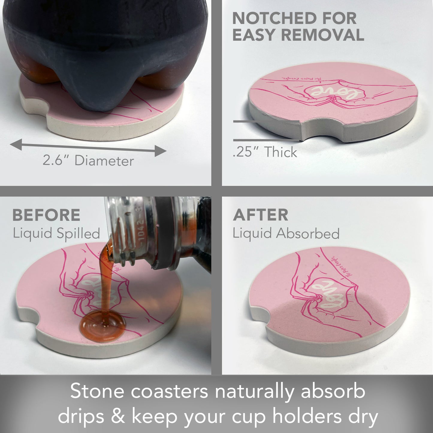 Thirstystone Love Hands Single Absorbent Stone Coaster for Vehicle Cup Holder 2.6” Diameter Manufactured in The USA
