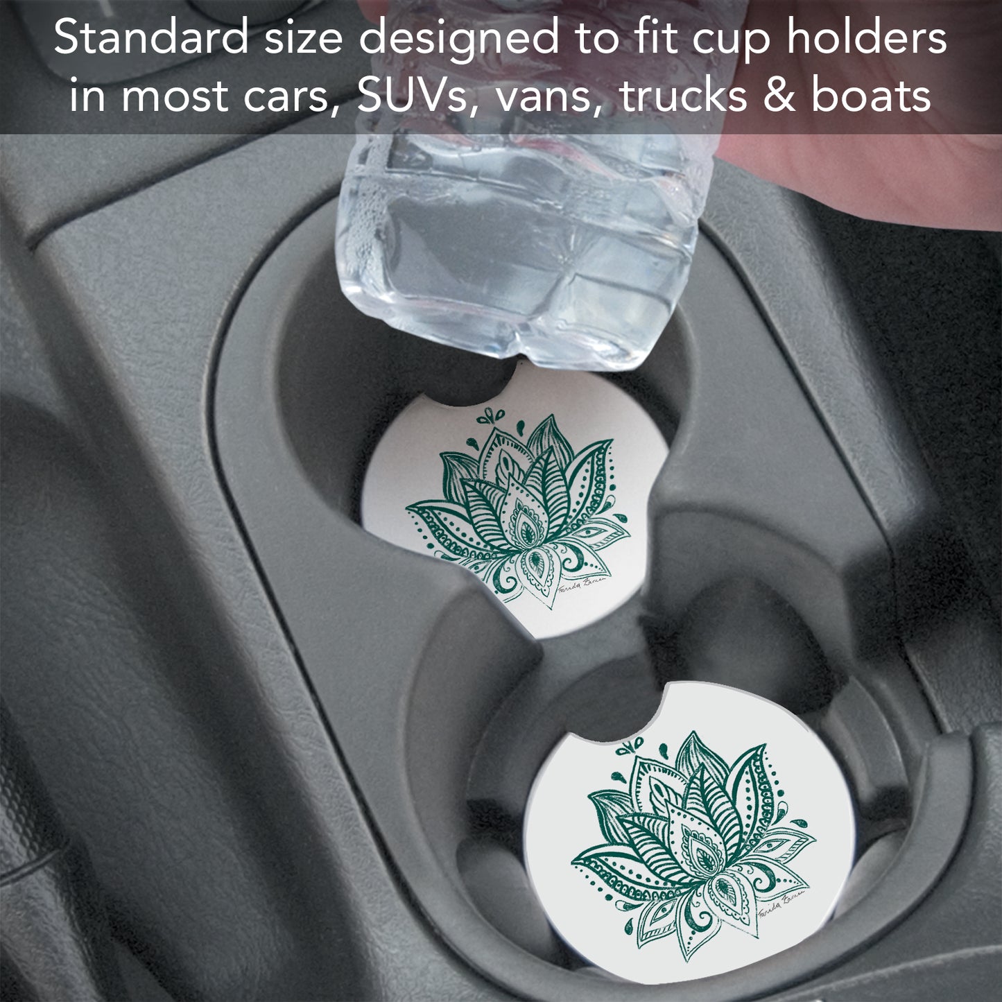 Thirstystone Lotus Sketch Single Absorbent Stone Car Coaster for Vehicle Cup Holder 2.6” Diameter Manufactured in The USA