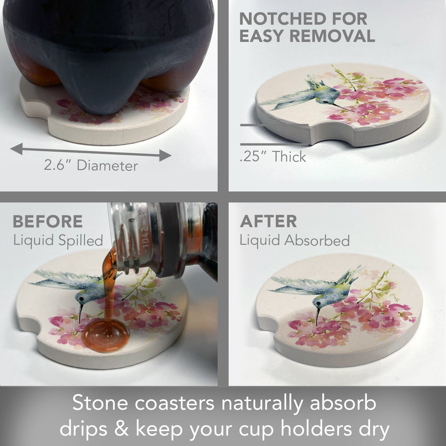 Thirstystone Hummingbird Watercolor Absorbent Stone Car Coaster 2.6” Diameter Manufactured in the USA