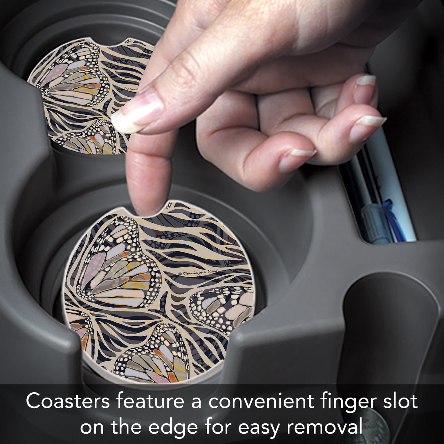 Thirstystone Zebra Butterflies Single Absorbent Stone Coaster for Vehicle Cup Holder 2.6” Diameter Manufactured in The USA