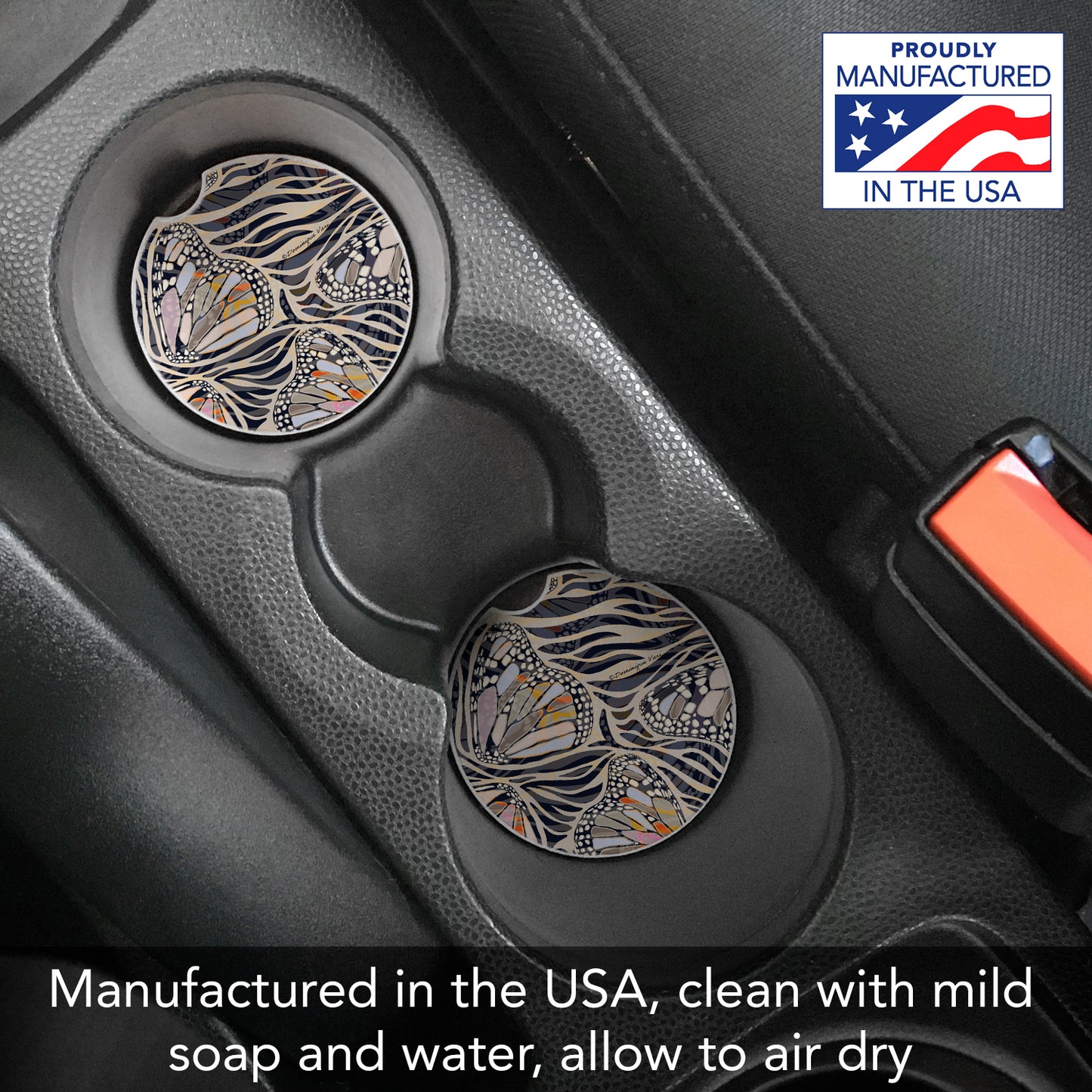 Thirstystone Zebra Butterflies Single Absorbent Stone Coaster for Vehicle Cup Holder 2.6” Diameter Manufactured in The USA