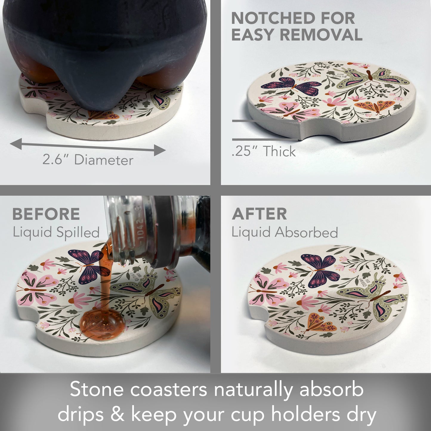 Thirstystone Flutter Blooms Single Absorbent Stone Car Coaster 2.6” Diameter Manufactured in the USA