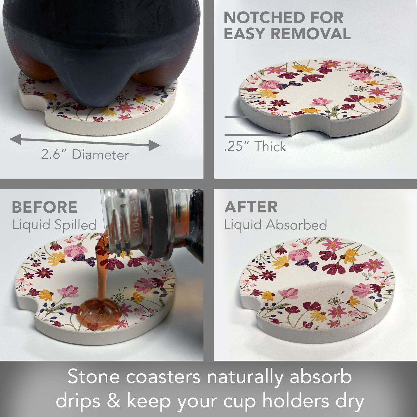 Blooming Border Single Absorbent Stone Car Coaster 2.6” Diameter Manufactured in the USA
