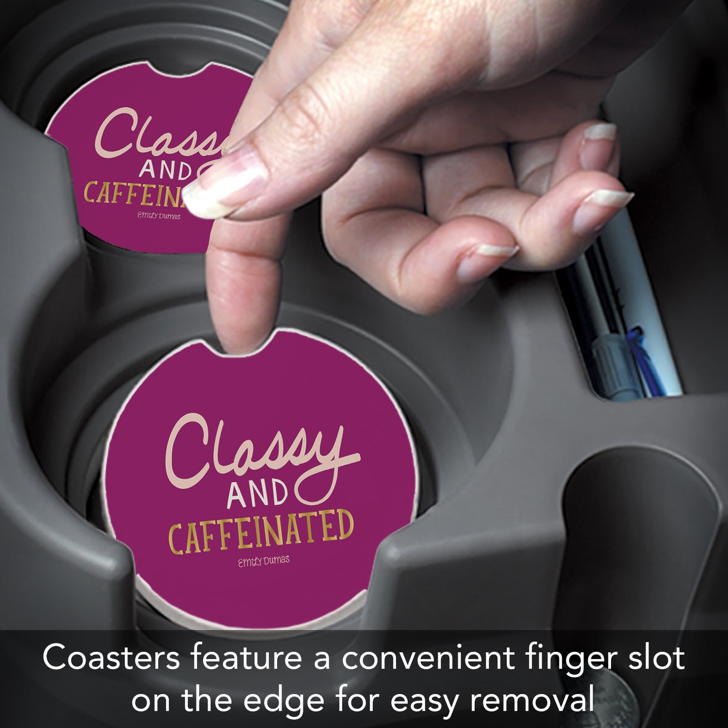 Thirstystone Classy & Caffeinated Single Absorbent Stone Coaster for Vehicle Cup Holder 2.6” Diameter Manufactured in The USA