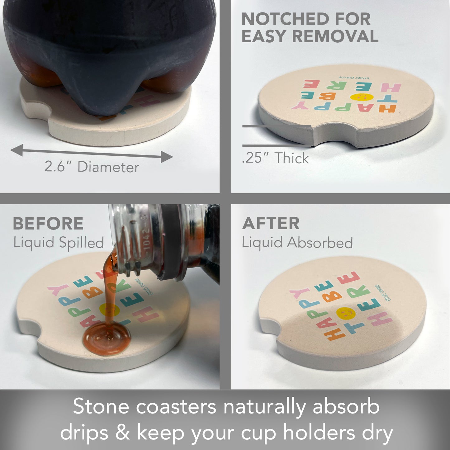 Thirstystone Happy Single Absorbent Stone Coaster for Vehicle Cup Holder 2.6” Diameter Manufactured in The USA