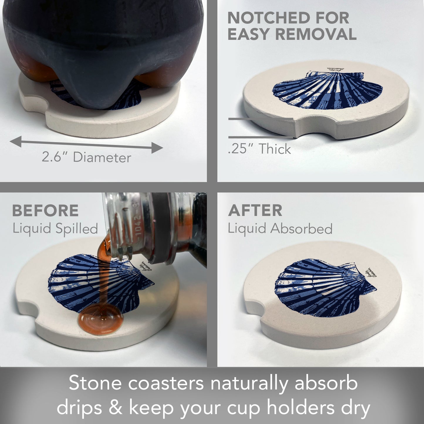 Thirstystone Indigo Scallop Single Absorbent Stone Car Coaster 2.6” Diameter Manufactured in the USA